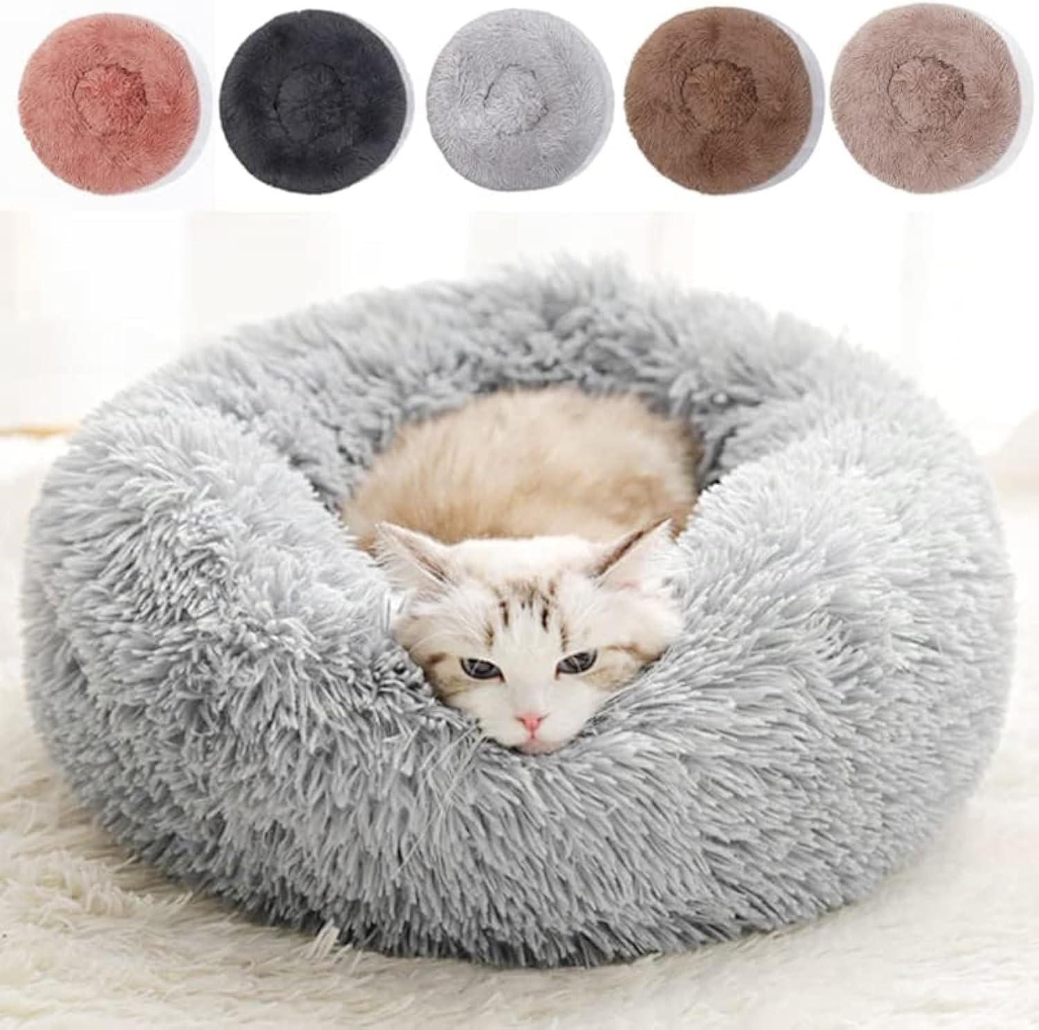 Cat Beds for Indoor Cats - Cat Bed Washable 20 inches, Dog Beds for Small Medium Dogs, Anti Anxiety Round Fluffy Plush Faux Fur Pet Bed, Thick Bottom Medium, Light Grey