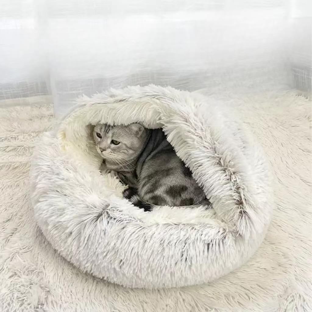 Cat Bed Round Fluffy Hooded Cat Bed Cave, Anti-Anxiety Cave Bed with Hooded Blanket, Cozy Cuddler Luxury Puppy Pet Bed, Anti-Slip Bottom and Machine Washable Grey, Medium