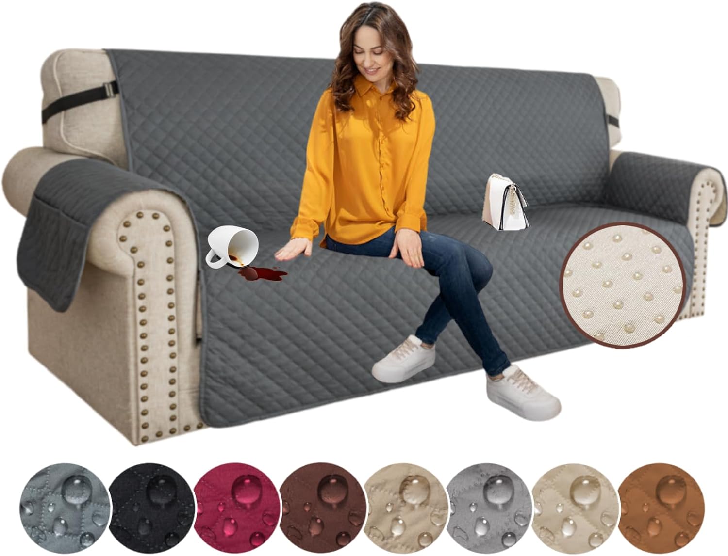 Couch Covers for 3 Cushion with Pockets and Non Slip Straps Water Resistant Sofa Slipcovers for Living Room Soft Thick Furniture Protector for Pets Dogs Kids Large, Dark Gray