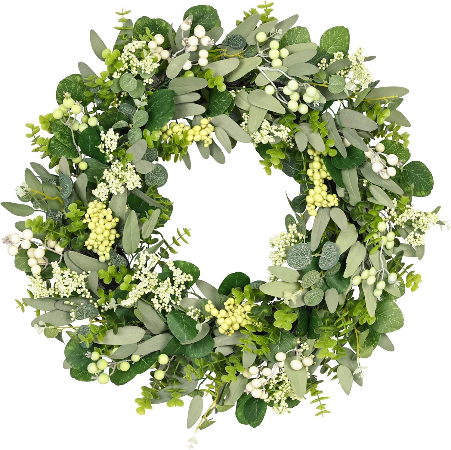 Green Eucalyptus Leaves Front Door Wreath, 24 Inch Artificial Spring Summer Greenery Wreath Front Door Decoration Boxwood with Big Berries Farmhouse Outdoor Year-Round - Indoor/Outdoor
