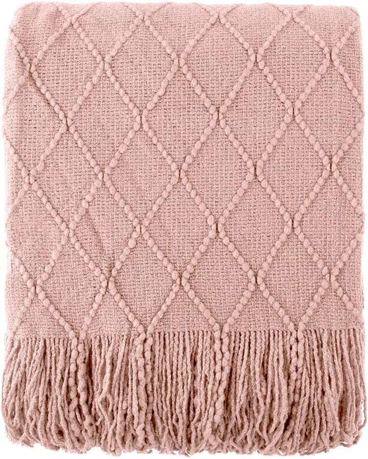 Pink Throw Blanket Diamond Pattern Indoor Outdoor Knitted Throws for Couch Sofa Chair Bed Home Decor 50"x60"
