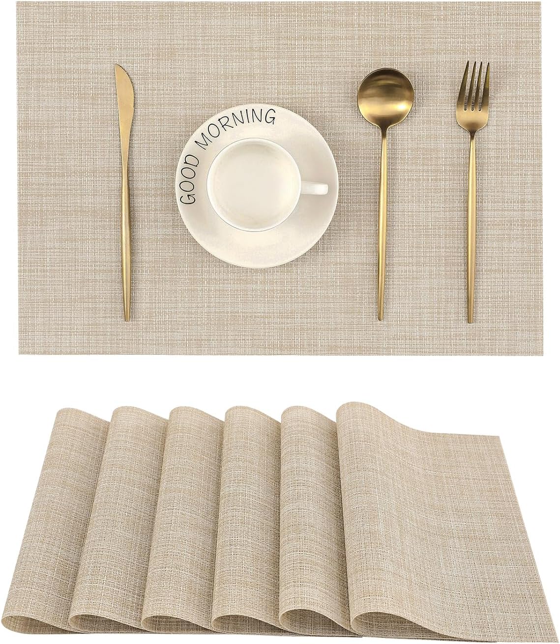 Beige Placemats Set of 6 - Heat Resistant Non-Slip Place mats for Dining Table, Washable Durable PVC Vinyl Woven Table Mats Beige, 6
