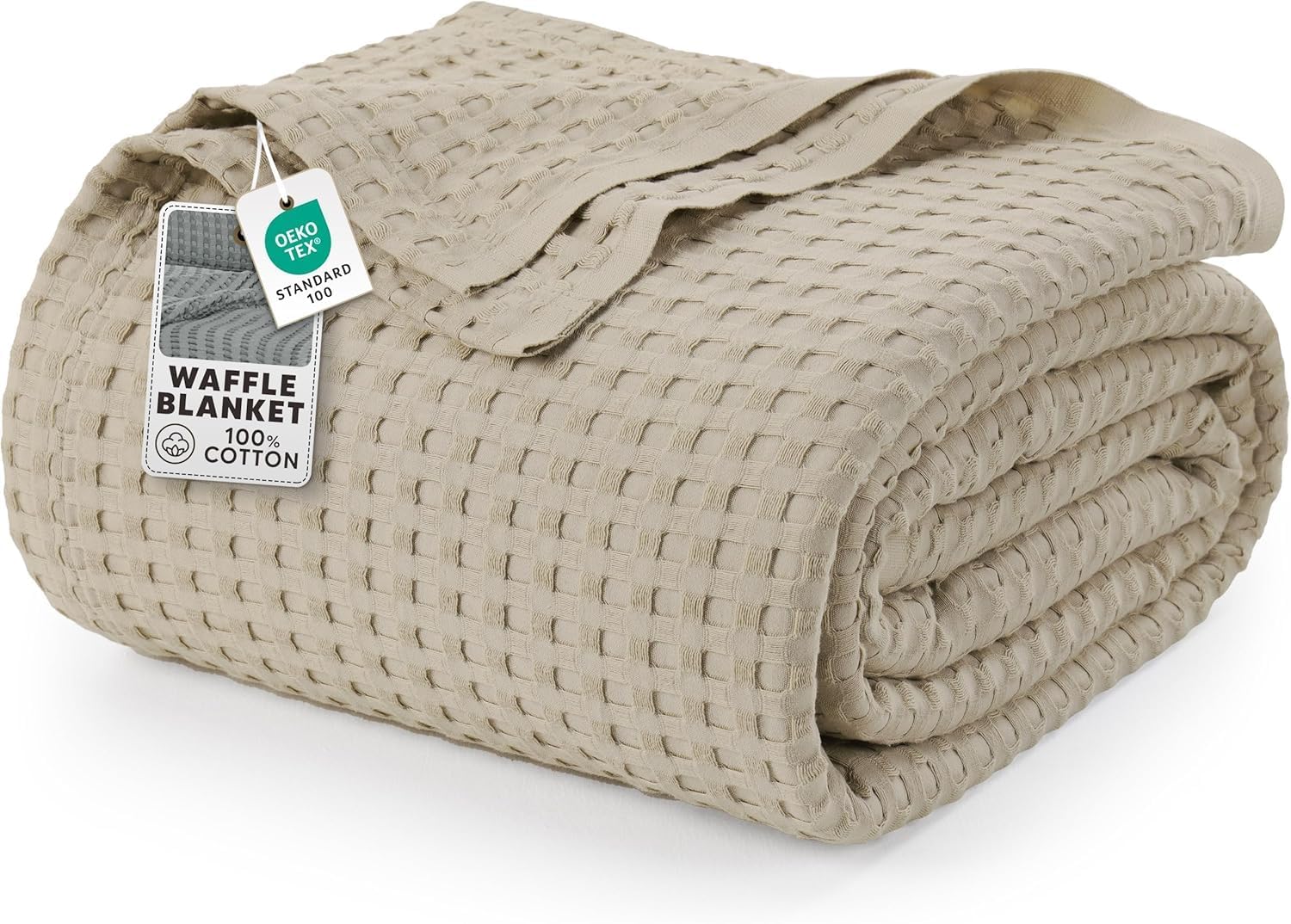100% Cotton Khaki Waffle Blanket Big Size - 120x120 Inch Soft Lightweight Cozy Breathable Bed Blanket for All Seasons