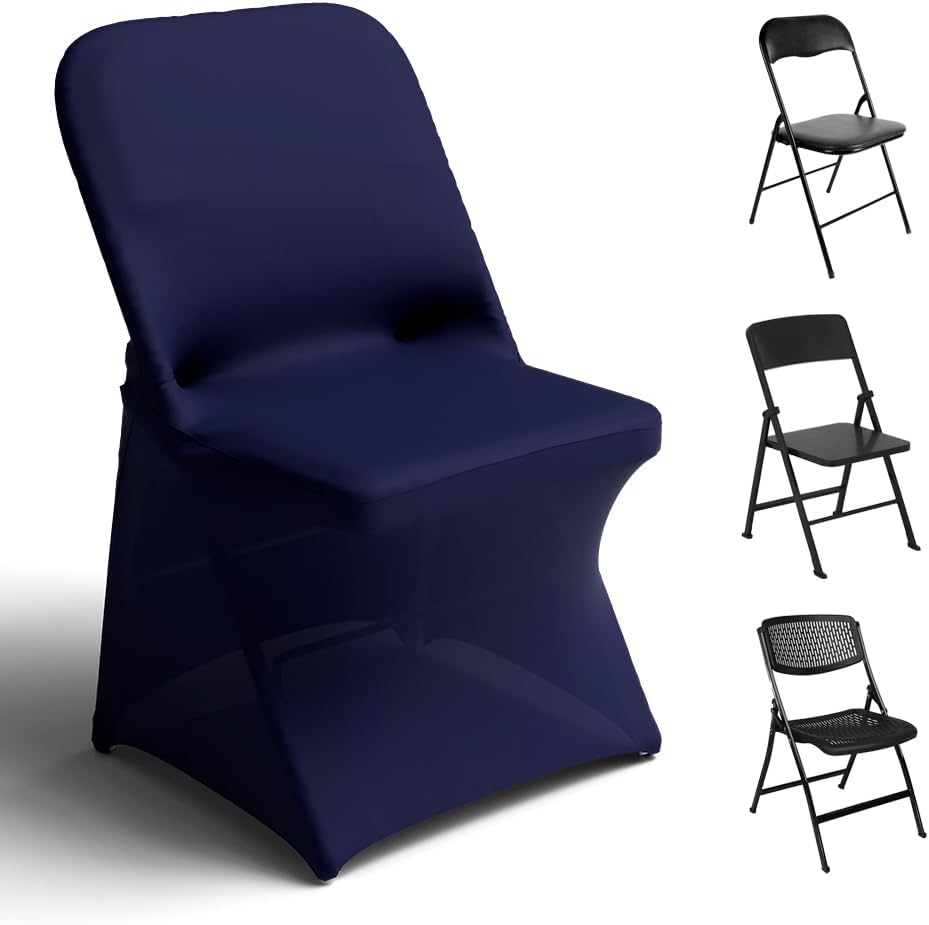 Spandex Folding Chair Covers 100 Pcs Universal Fitted Stretchy Dining Chair Slipcovers for Wedding Party Banquet Flat-Front Chair Cover Navy Blue