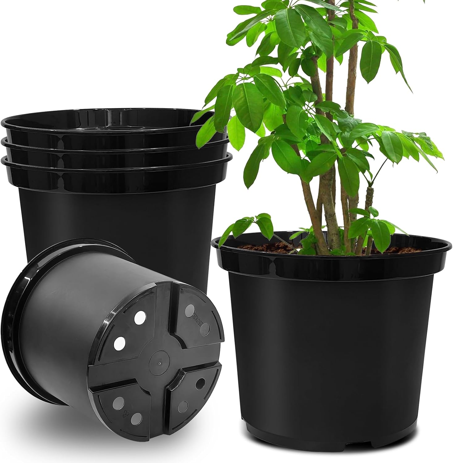 5 Gallon 12 Inch Plastic Nursery Pots, Plant Containers with Drainage Holes, Round Sturdy Garden Planters for Indoor/Outdoor Greenery, Gardening Gifts for Women 5-Pack, Black