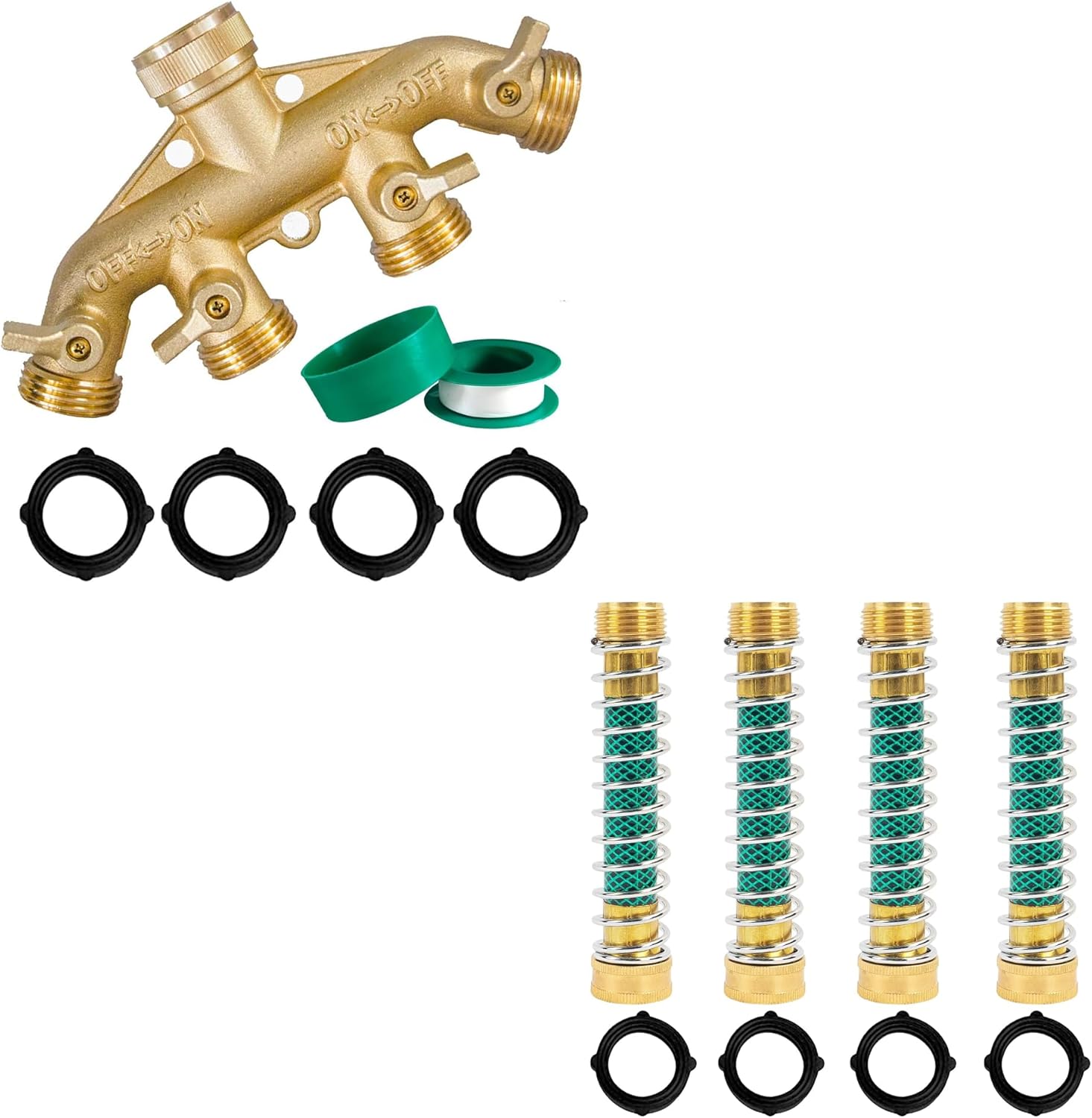 Brass Garden Hose Splitter 4 Way + Garden Hose Protector