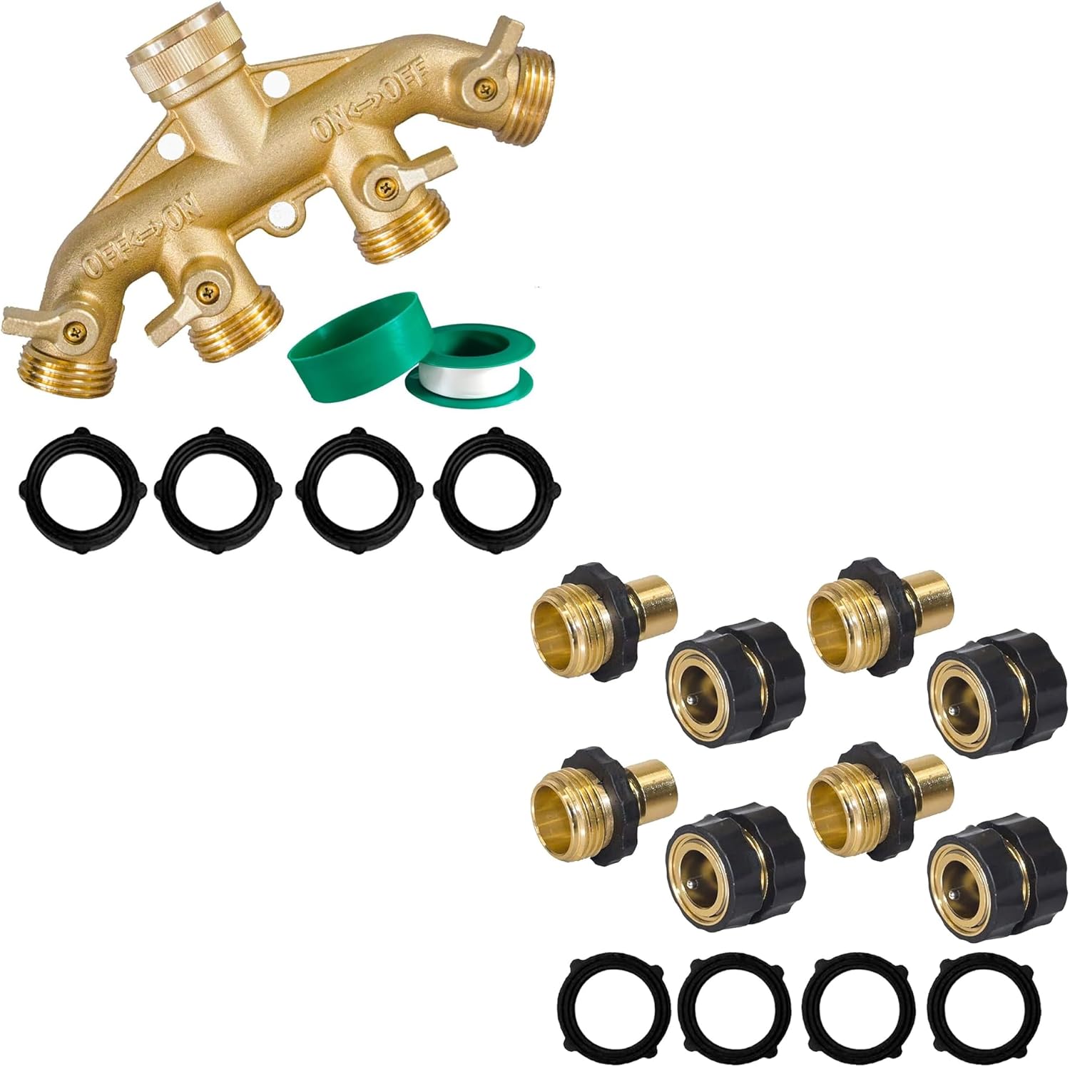 Brass Garden Hose Splitter 4 Way + Garden Hose Quick Connector