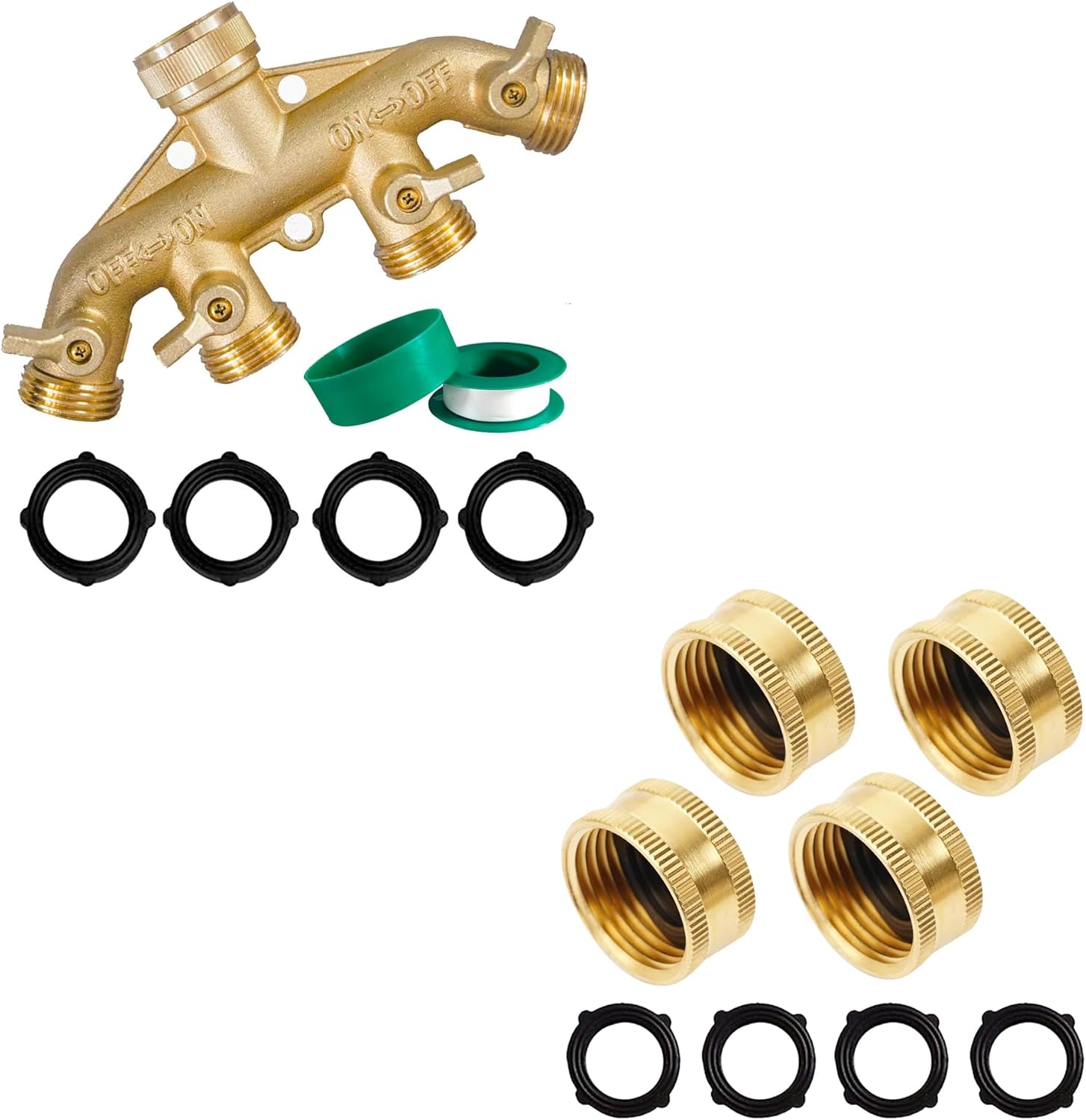Brass Garden Hose Splitter 4 Way + Brass Garden Hose End Caps