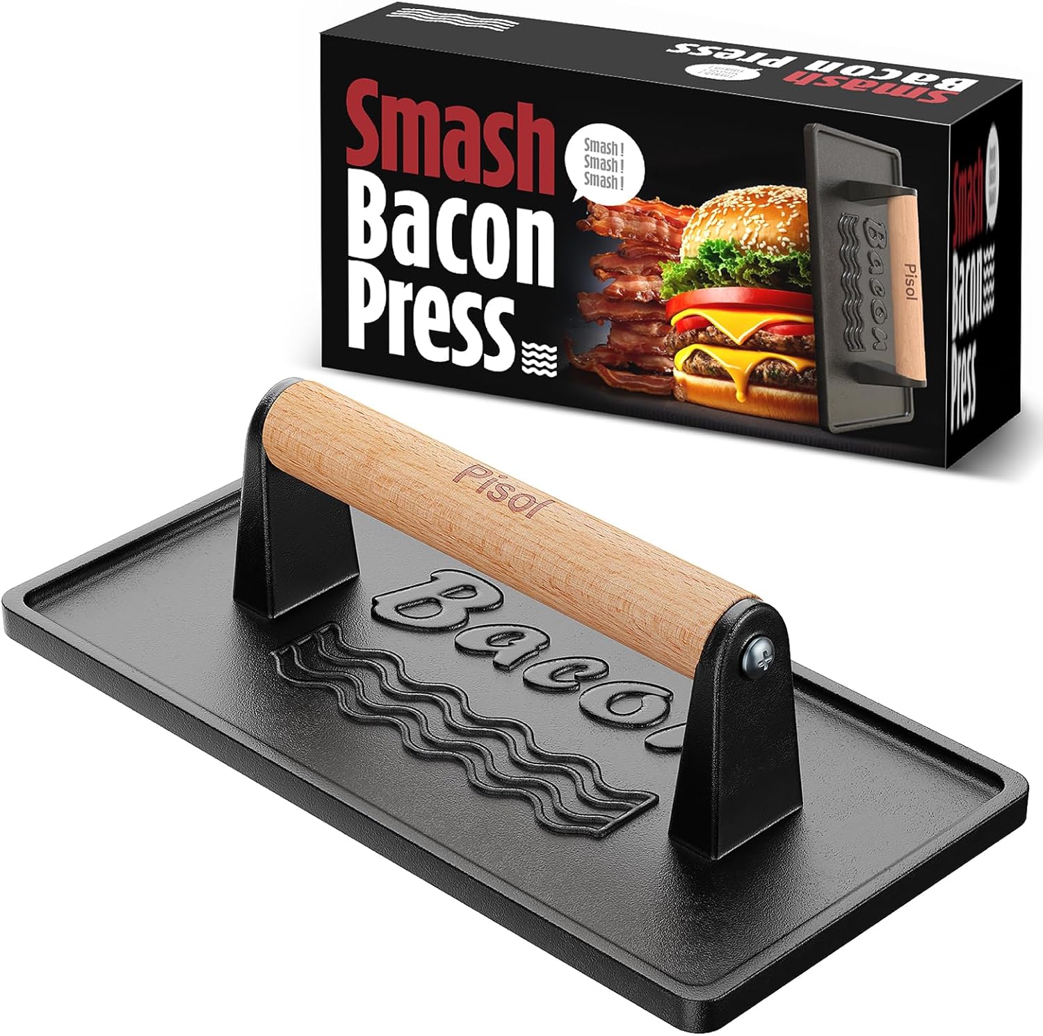 Bacon Press Smash Burger Press, Pre-Seasoned Cast Iron Hamburger, 2 lb Heavy-Duty Grill Bacon Meat Press Tool with Wood Handle