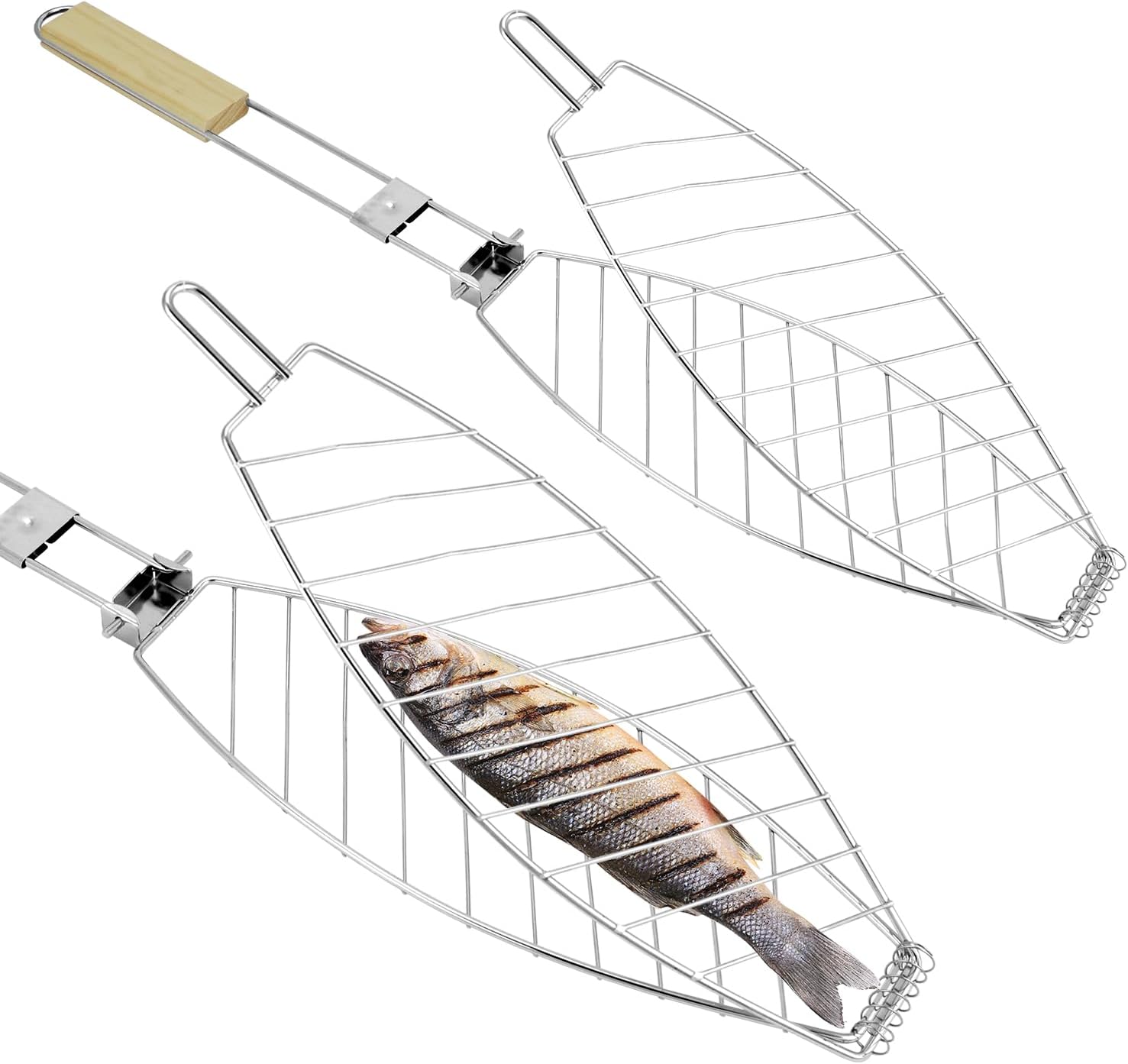 2-Pack Stainless Steel Fish Grill Basket – Portable Locking Grill Rack for Small-Medium Fish, Camping & Home BBQ