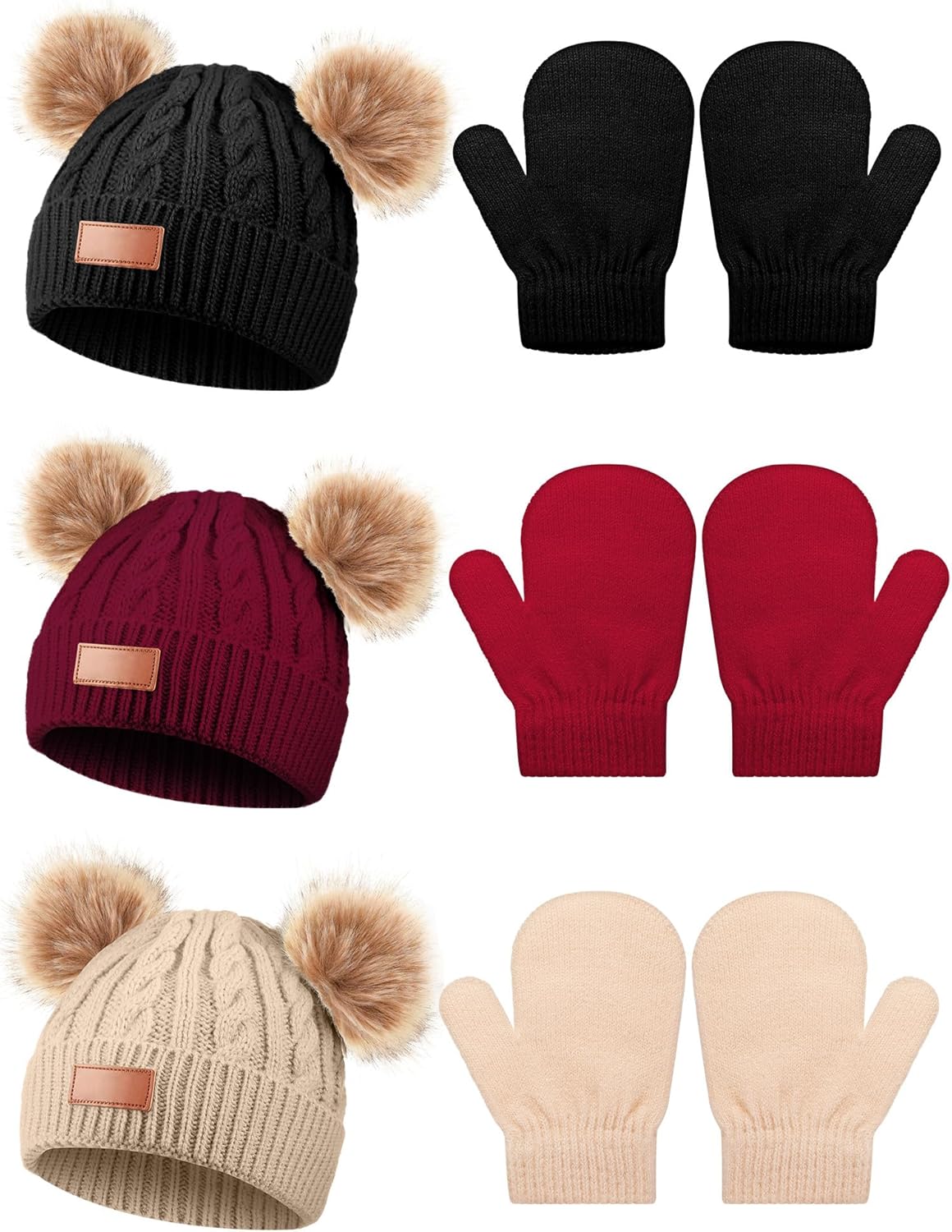 3 Set Toddler Hat Glove Set, Kids Hats Winter Warm Knitted Beanie Mittens Gloves for Baby Girls Boys 0-6Y Black, Red, Light Brown