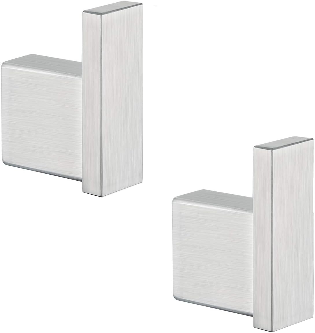 Brushed Nickel Towel Hook for Bathroom Square Modern Wall Mounted Robe Hook Coat Hooks Wall Hook Contemporary Bath Towel Hooks SUS304 Stainless Steel 2 Pack .96009-8BS