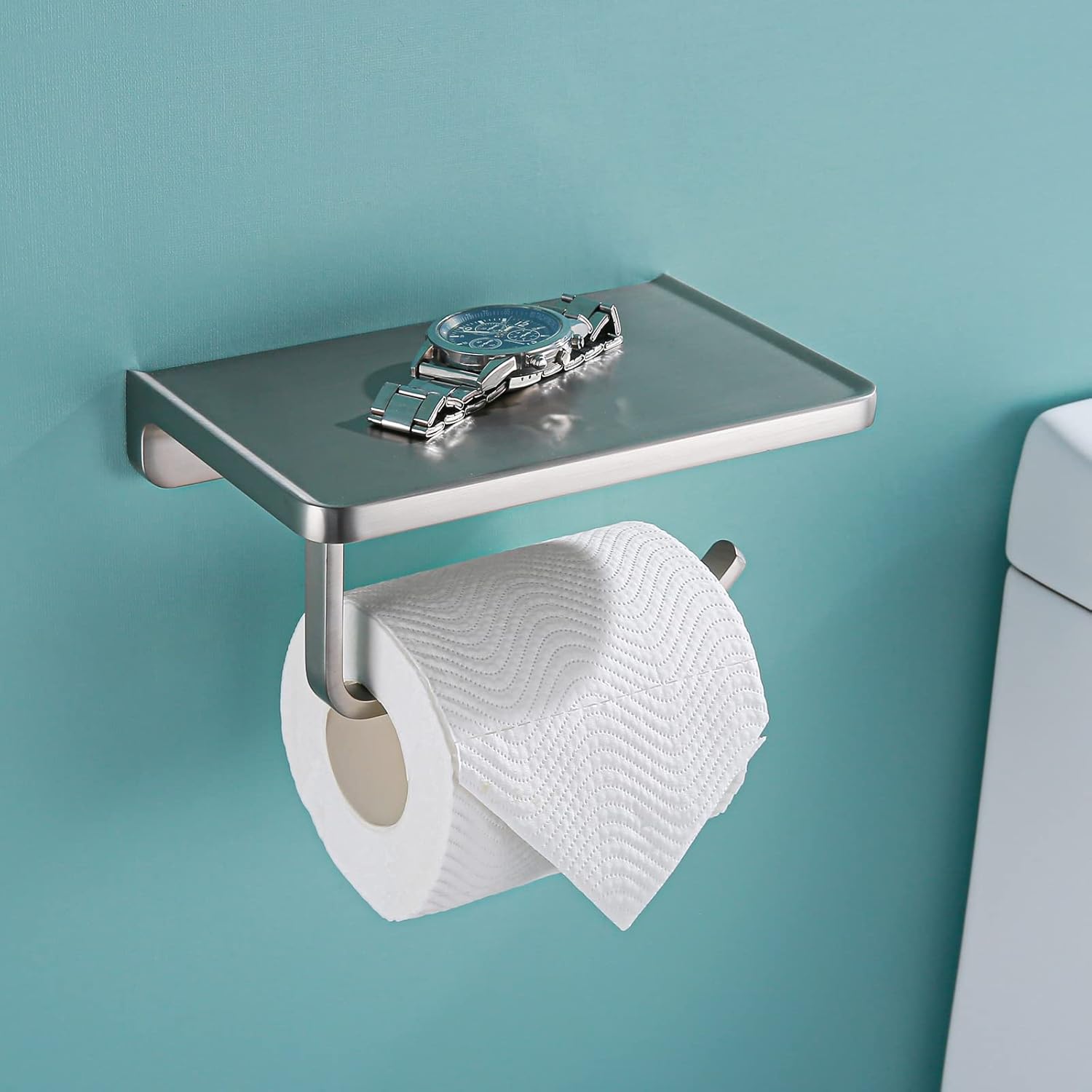 Toilet Paper Holder with Shelf Brushed Nickel Toilet Paper Dispensers Solid Metal Tissue Holder Wall Mounted Toilet Paper Roll Holder.RD93008-BN