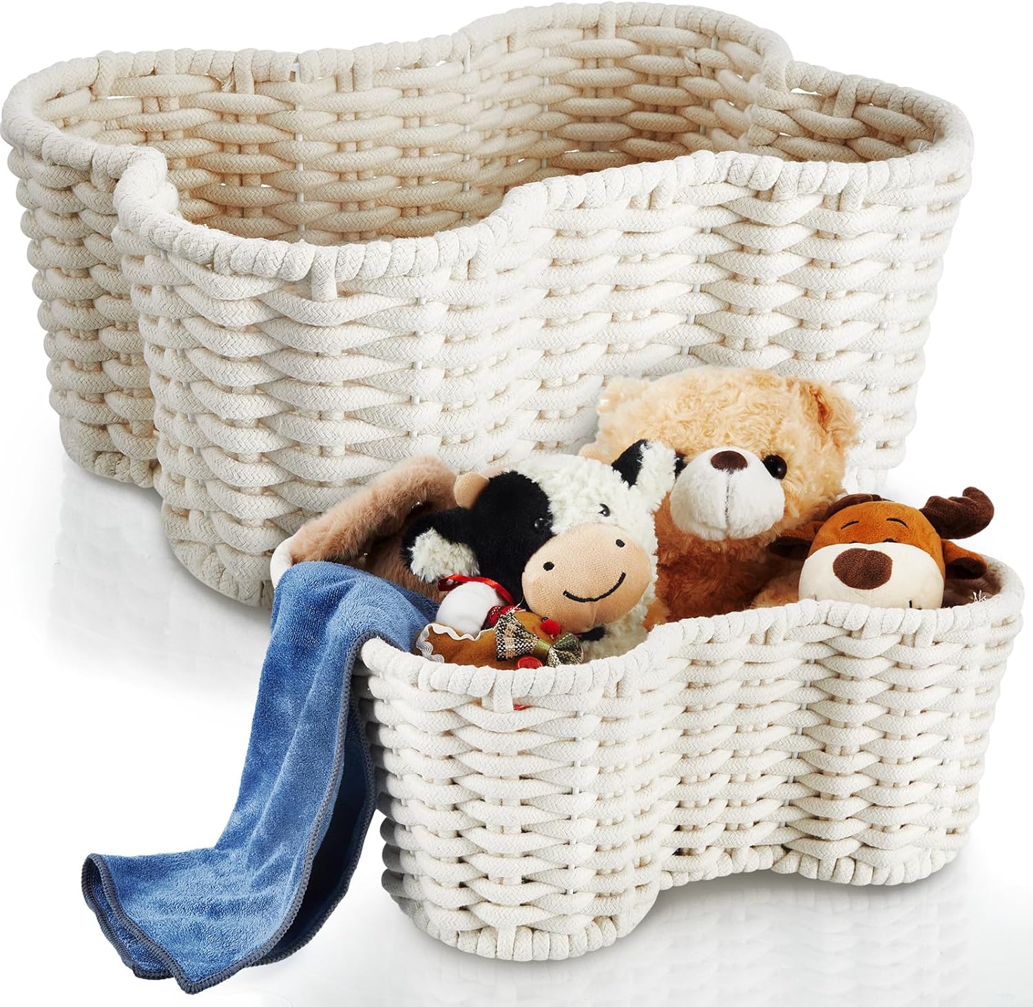 2 Pcs Dog Toy Basket Dog Toy Bin Bone Shaped Handmade Pet Organizer for Pet White Cotton Rope Basket 16.5 x 12.4 x 6.89 and 13.39 x 9.25 x 5.4