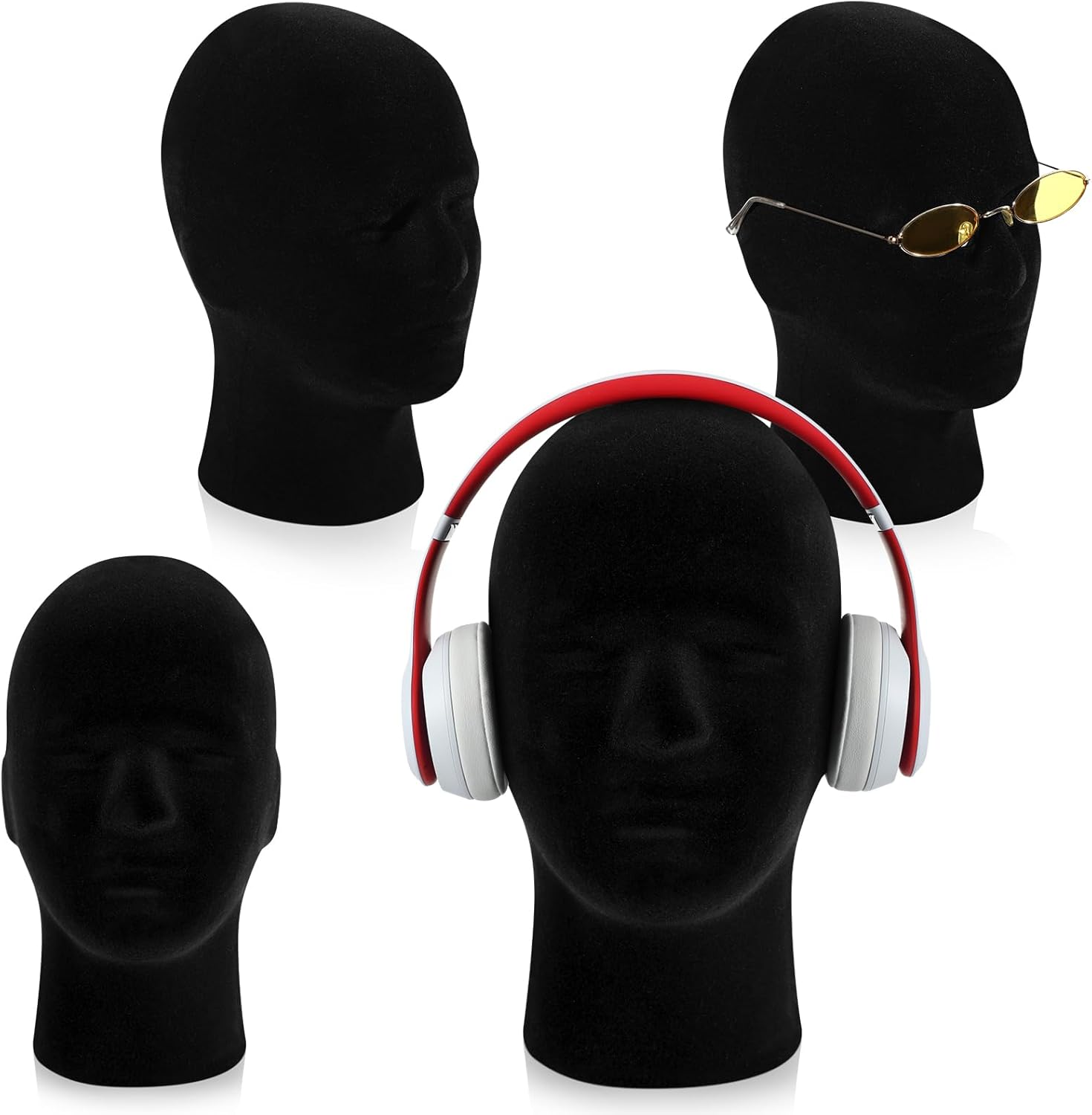 4 Pcs Black Mannequin Head Stand Model Male Wigs Display Model Velvet Foam Mask Display Stand Headsets Mount Manikin Head or Wig Hat Glasses
