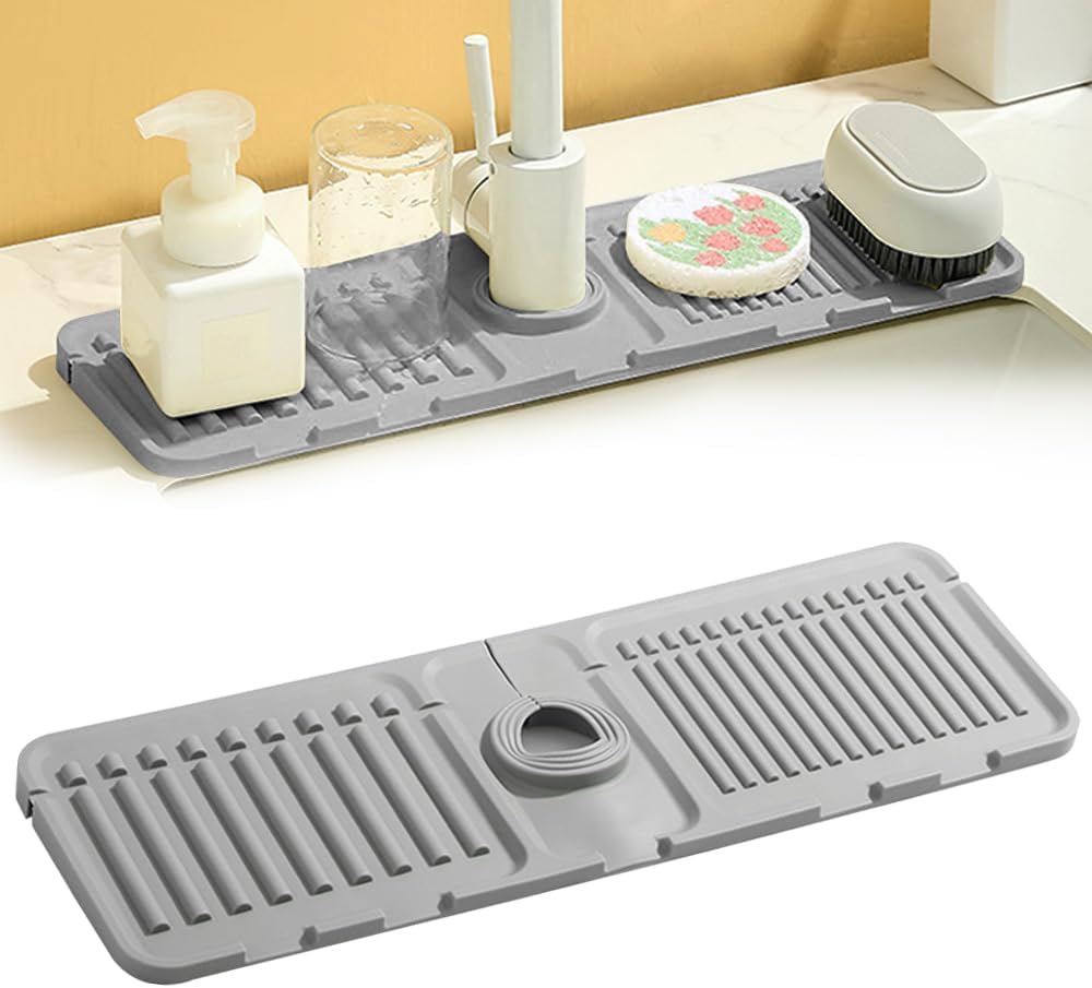 Faucet Mat for Kitchen Sink, 2024 Upgrade Faucet Guard Draining Mat Silicone Faucet Handle Drip Catcher, New Fast Drying Stone Sink Tray Sink Protectors for Kitchen Bathroom Sink Grey, One Size