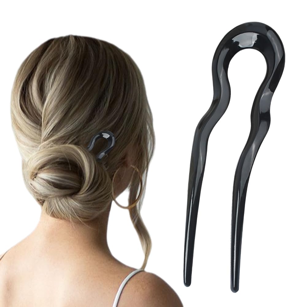 French Twist Stick Hair Fork, 2024 New U Shaped Hair Pins for Twist Hair Styling, Upgrade Metal French Pins Hairstyle Accessories Multicolor Black