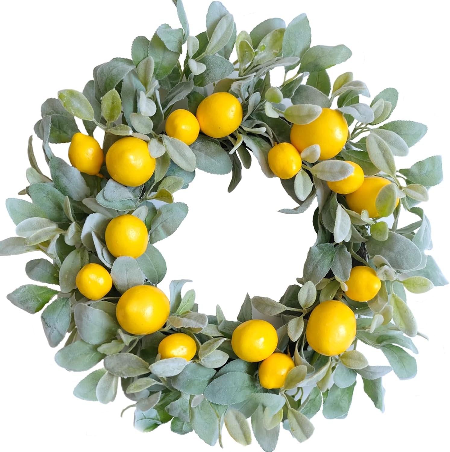 18 Inch Yellow Lemon Spring Summer Wreath for Front Door, Lamb Ears Leaves with Artificial Lemon Door Wreath, Green Leaves for Indoor and Outdoor