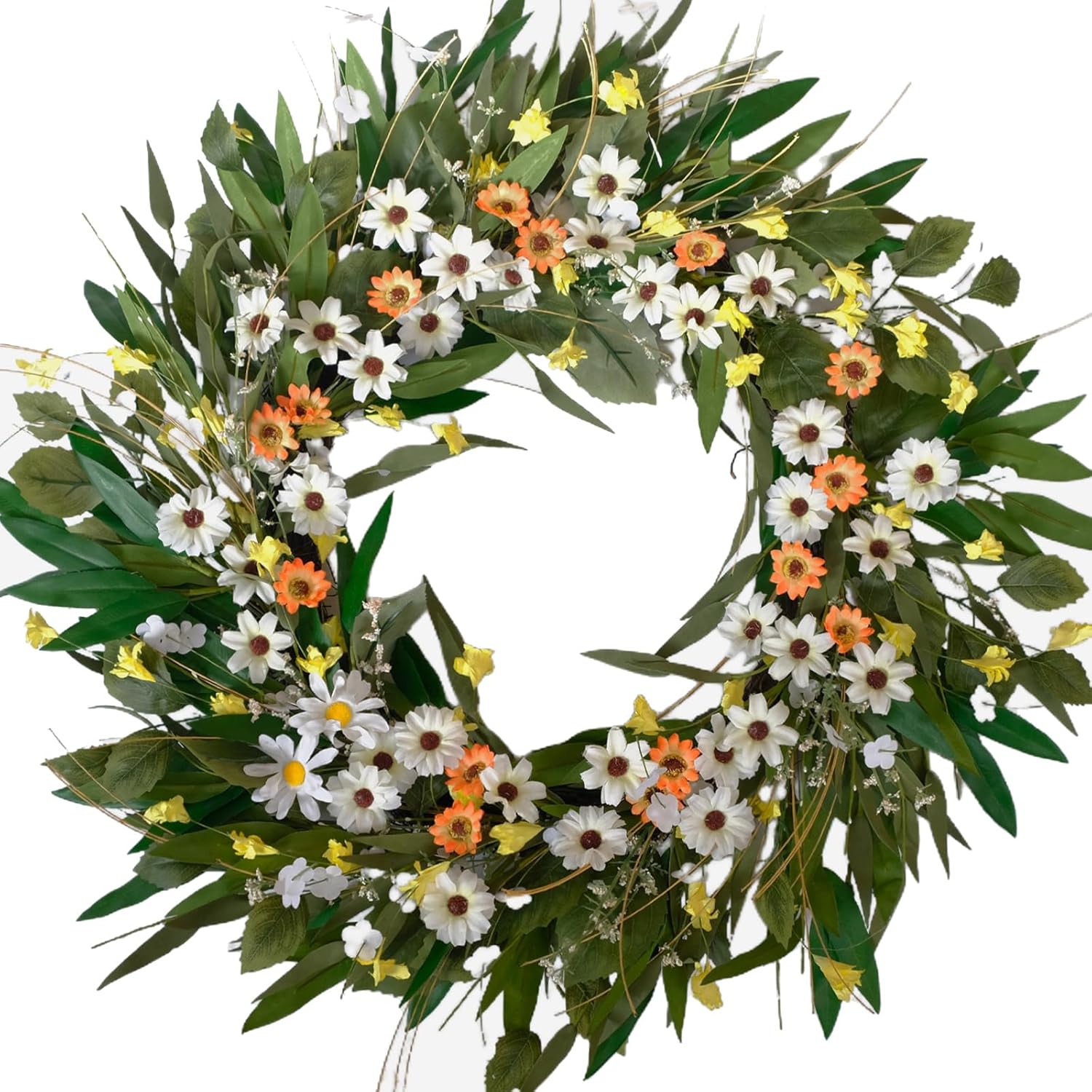 26 Inch Spring Greenery Wreath for Front Door, White Daisy & Yellow Forsythia Floral Wreath with Eucalyptus and Olive Leaves, Everyday All Seasons Indoor Outdoor Decor