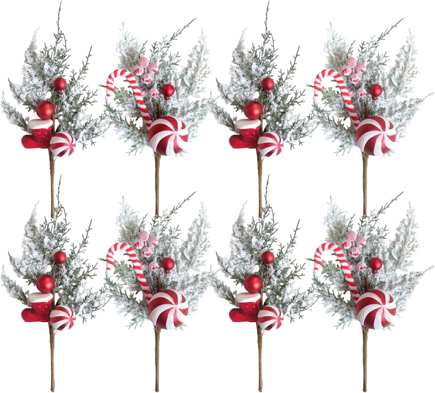 8 PCS 13 Inch Christmas Candy Cane Picks with Frosted Pine for Wreaths Christmas Tree, Xmas Picks with Xmas Balls for Indoor Outdoor, Red White Stems for Centerpieces Wreath DIY