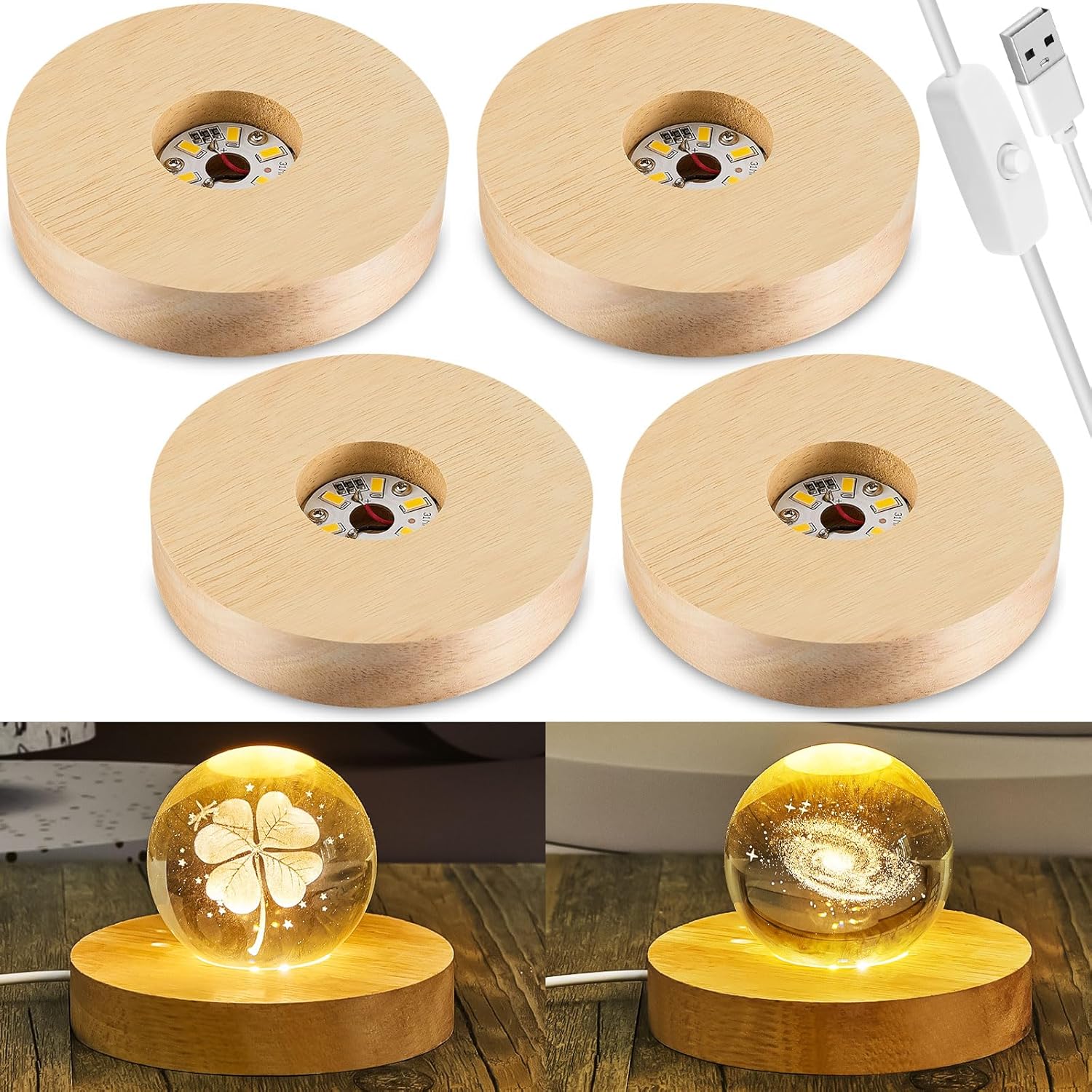 4 Pcs LED Light Base - Wooden LED Base for Crystal Wood Light Display for Glass Art Lighted Stand for 3D Glass Resin Art Round