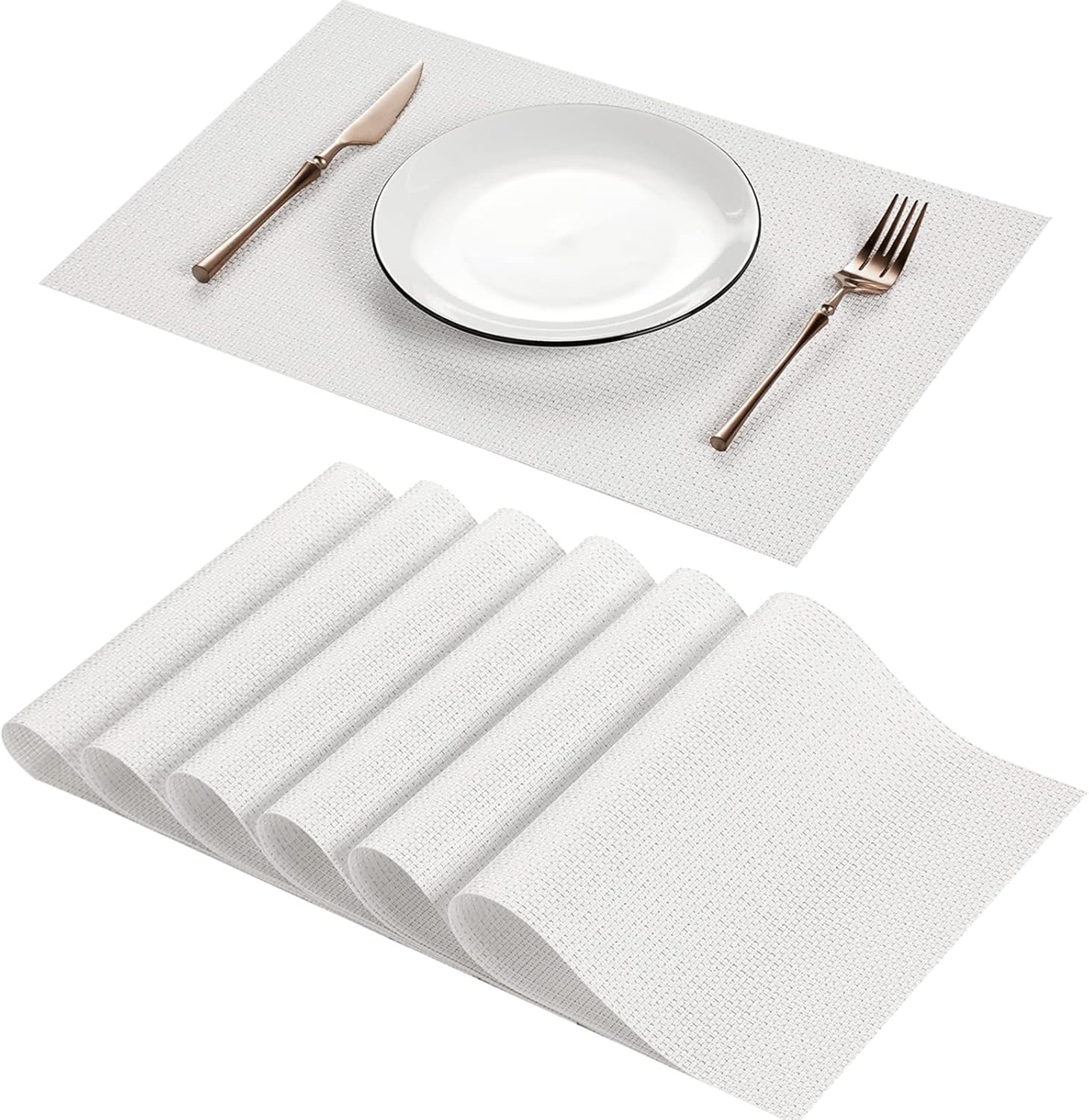 Placemats for Dining Table Set of 6 Woven Vinyl Plastic Place Mats Non-Slip Heat Insulation Stain Resistant Table Mats Washable Easy Clean Placemats White