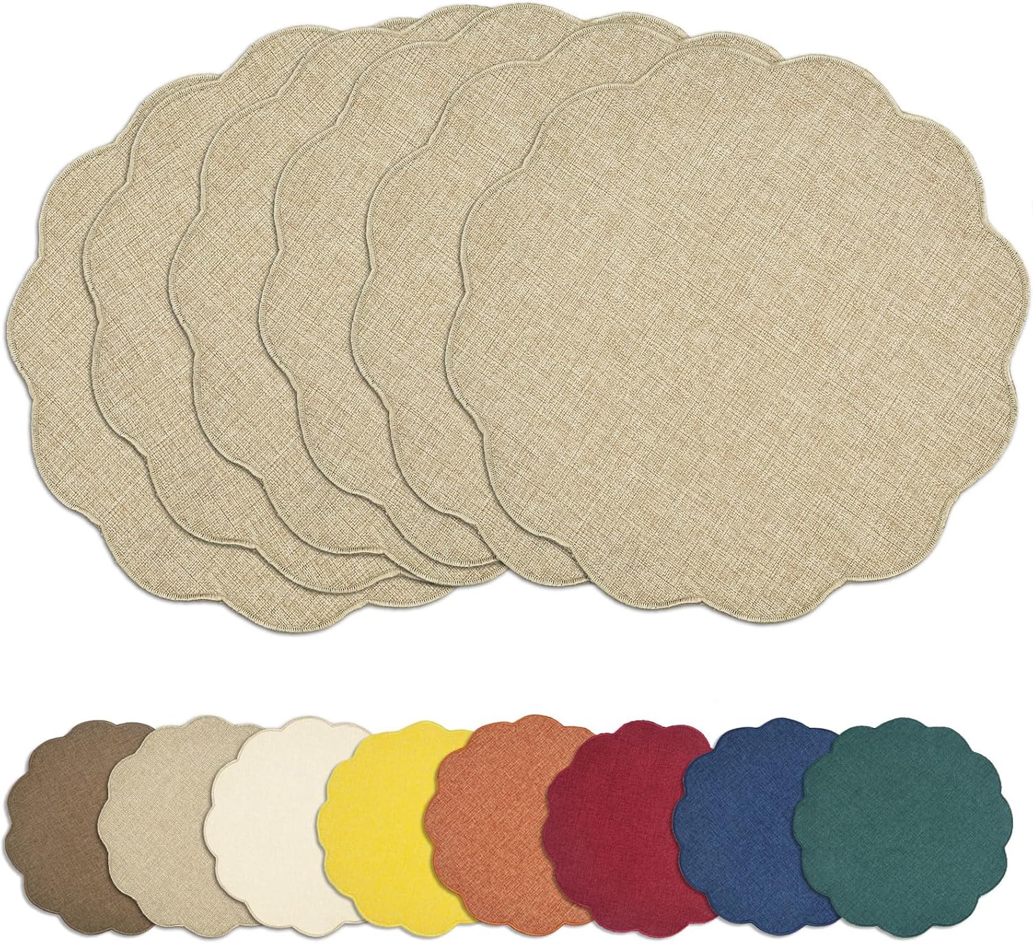 Round Faux Linen Placemats Set of 6 Heat Resistant Non-Slip Stain Proof Table Mats for Kitchen Dining Elegant Decor Place Mats Linen Beige,6
