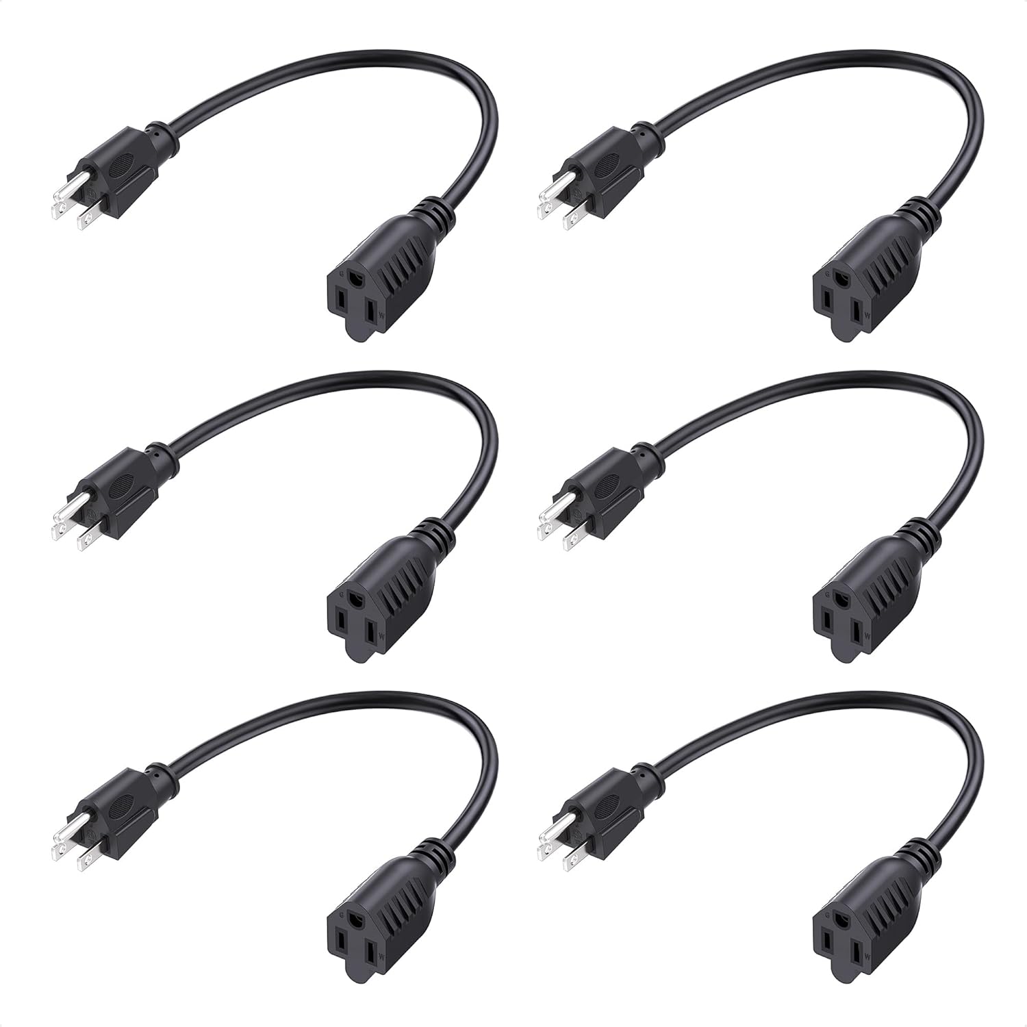 ETL Listed 6-Pack 16 AWG Heavy Duty 13A Short Power Extension Cord - 1ft, 3 Prong Power Cord Extension, NEMA 5-15P to NEMA 5-15R, Black
