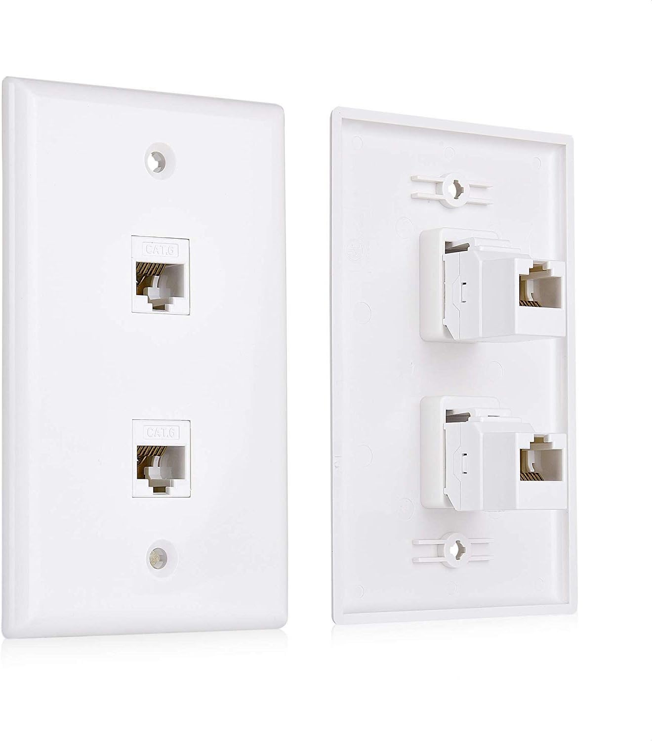 2-Pack 2-Port Ethernet Wall Plate, Cat6 Wall Plate with White RJ45 Keystone Jack, Ethernet Jack Outlet in White