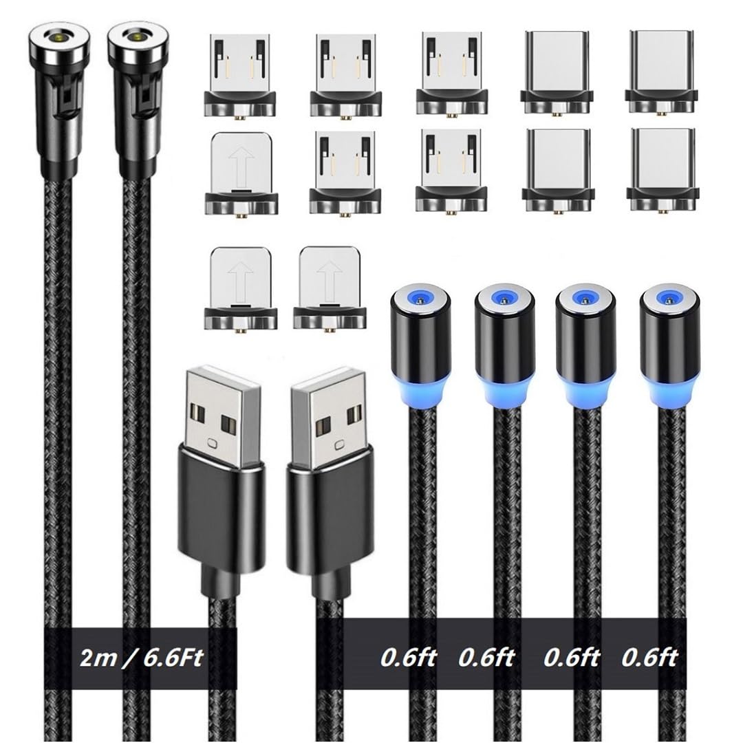 Magnetic Charging Cables, Magnetic Charging Tips 3in1 540° Rotation Cable Sets for Smartphones 0.6ft+6.6ft /Black/3in1, 6pcs