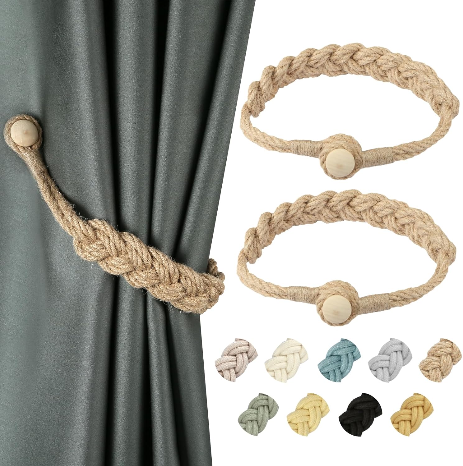 Jute Curtain Tiebacks Magnetic Woven Curtain Holdback Drapery Tie-Back Jute-2Pack