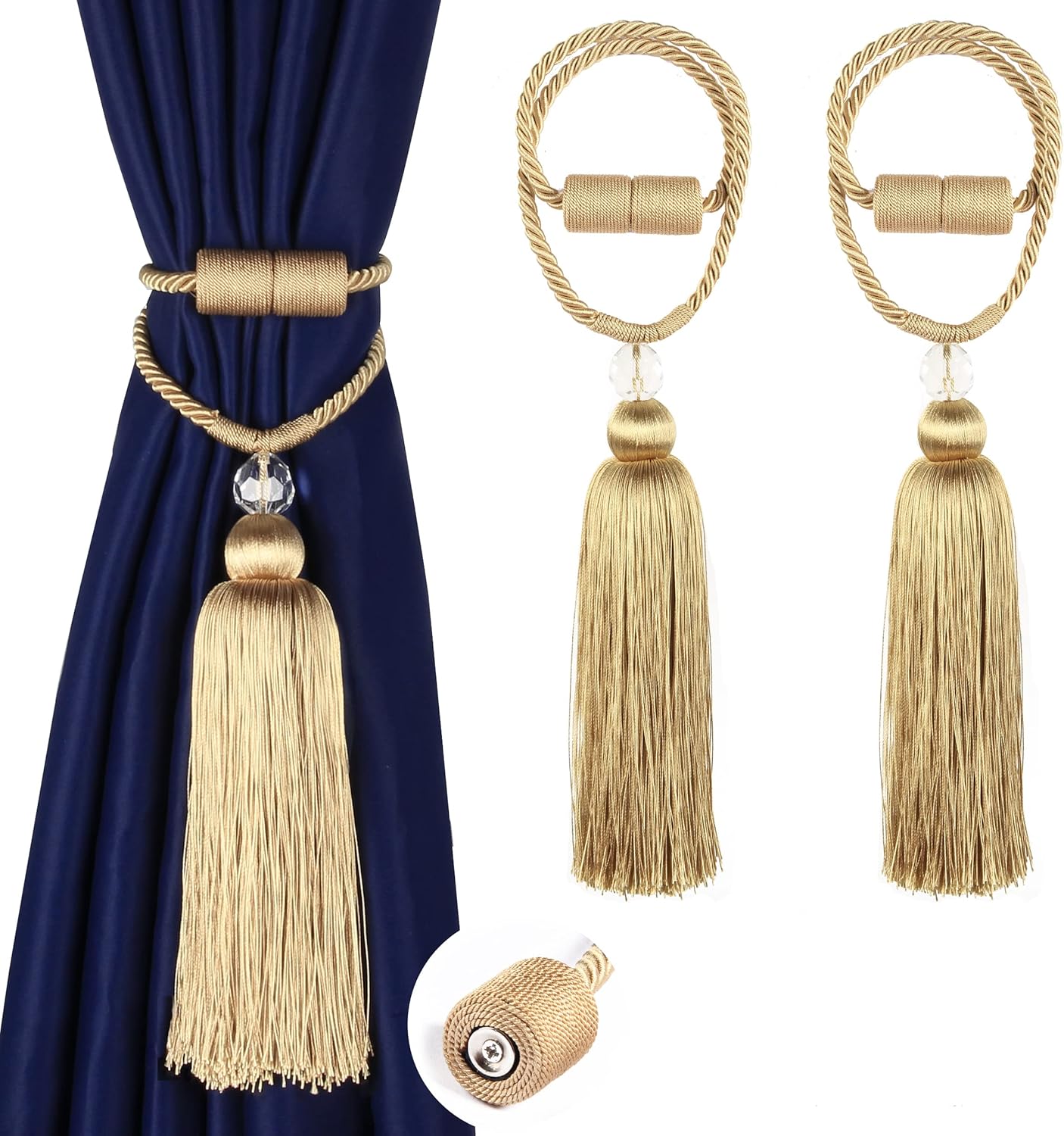 Magnetic Curtain Tiebacks Tassel Ties Backs Holdbacks Rope Convenient Drapes Handmade Home Office Decorative Gold