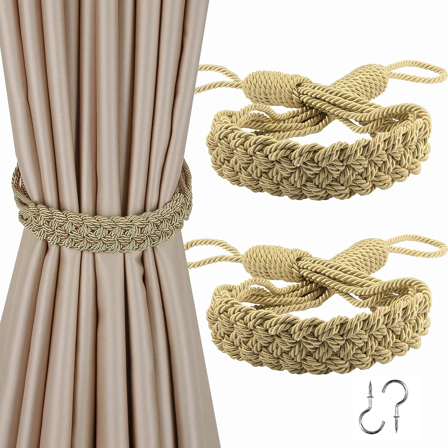 Curtain Tiebacks Ropes Hand-Woven Weave Braid Ties Handmade Home Office Decorative Holdbacks with 2 Metal Screw Hooks Gold