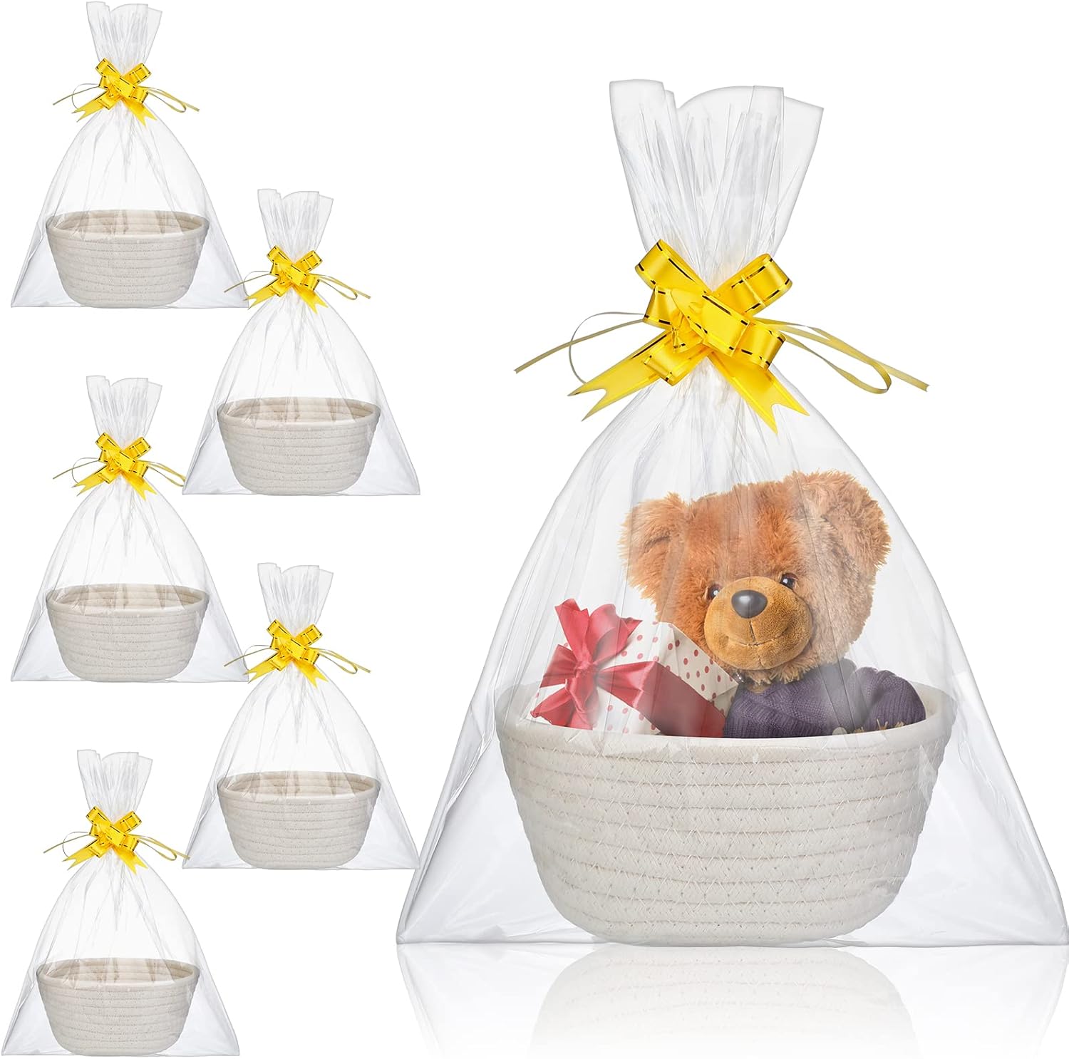 6 Sets Small Gift Baskets Empty Bulk Woven Cotton Basket with Bags Ribbons Easter Rabbit Candy Eggs Basket for Easter Birthday Wedding Graduation Gift 7.5 x 6.9 x 2.9 Inches