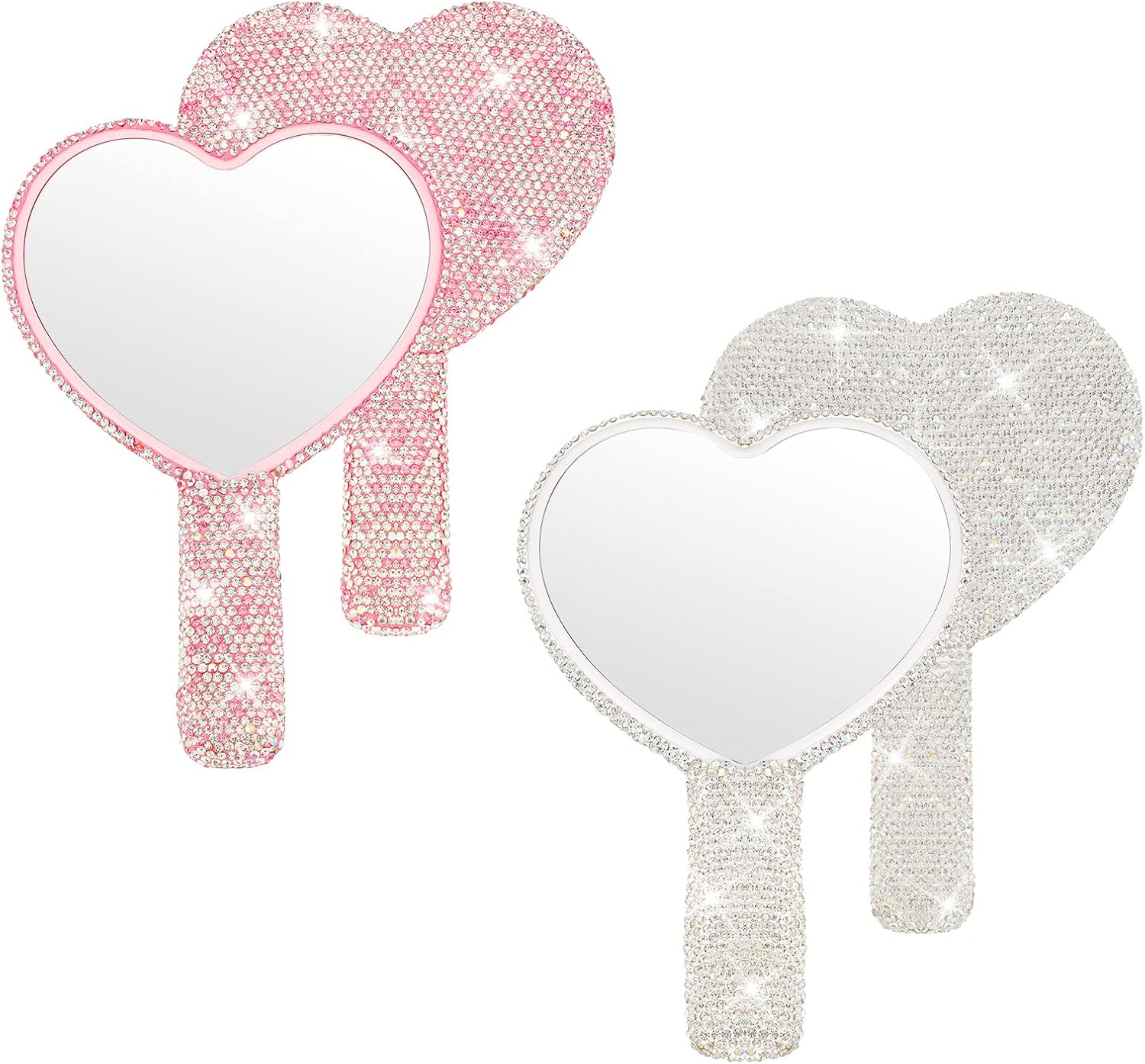 2 Pcs Large Rhinestone Handheld Mirror Heart Shaped Bling Glitter Portable Cosmetic Hand Mirror with Handle for Women Make up Brush Lash Pink and White