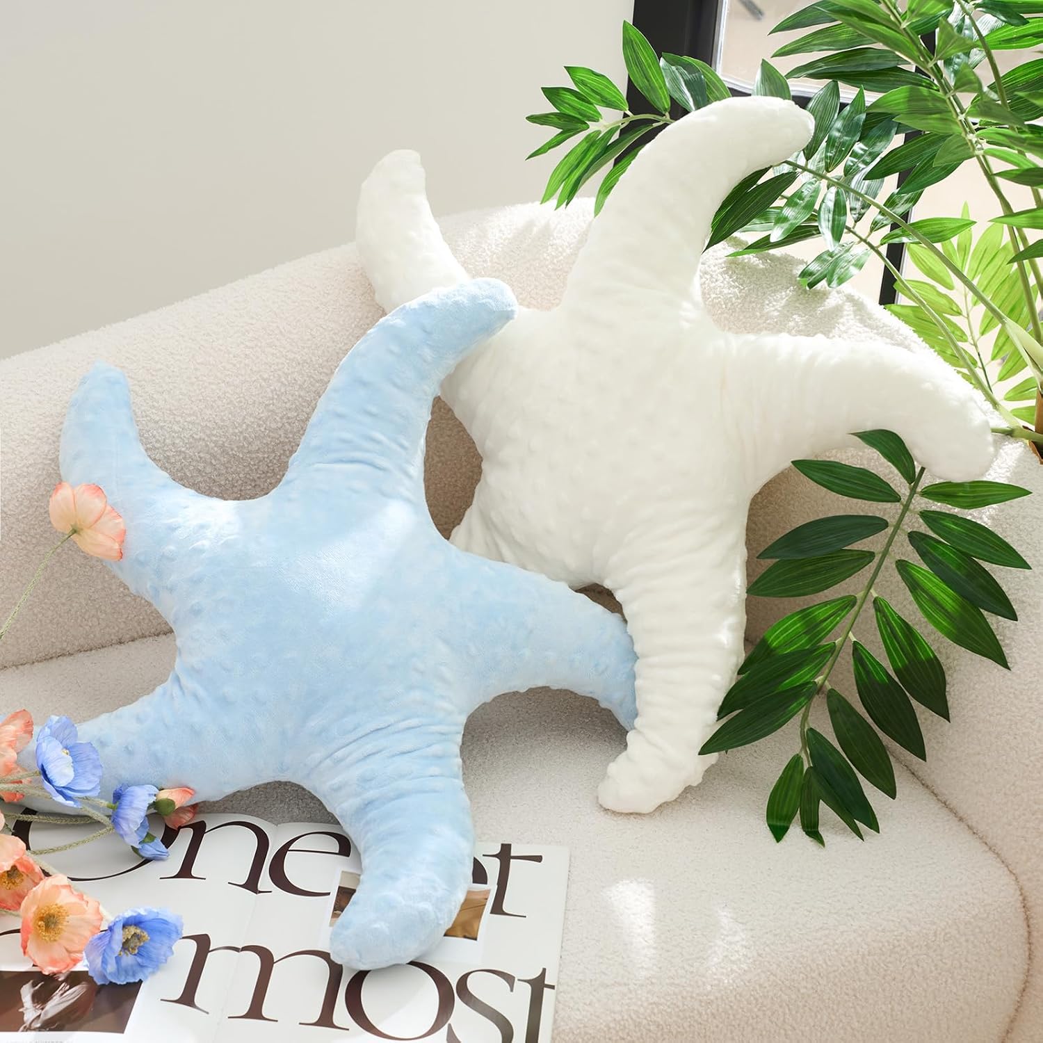 2 Pcs Starfish Pillow Cute Beach Pillow 20'' Star Fish Shaped Throw Pillows Plush Beach Room Decor Decorative Ocean Star Stuffed Animal Plush Cushion for Bedroom Living Room White,Blue