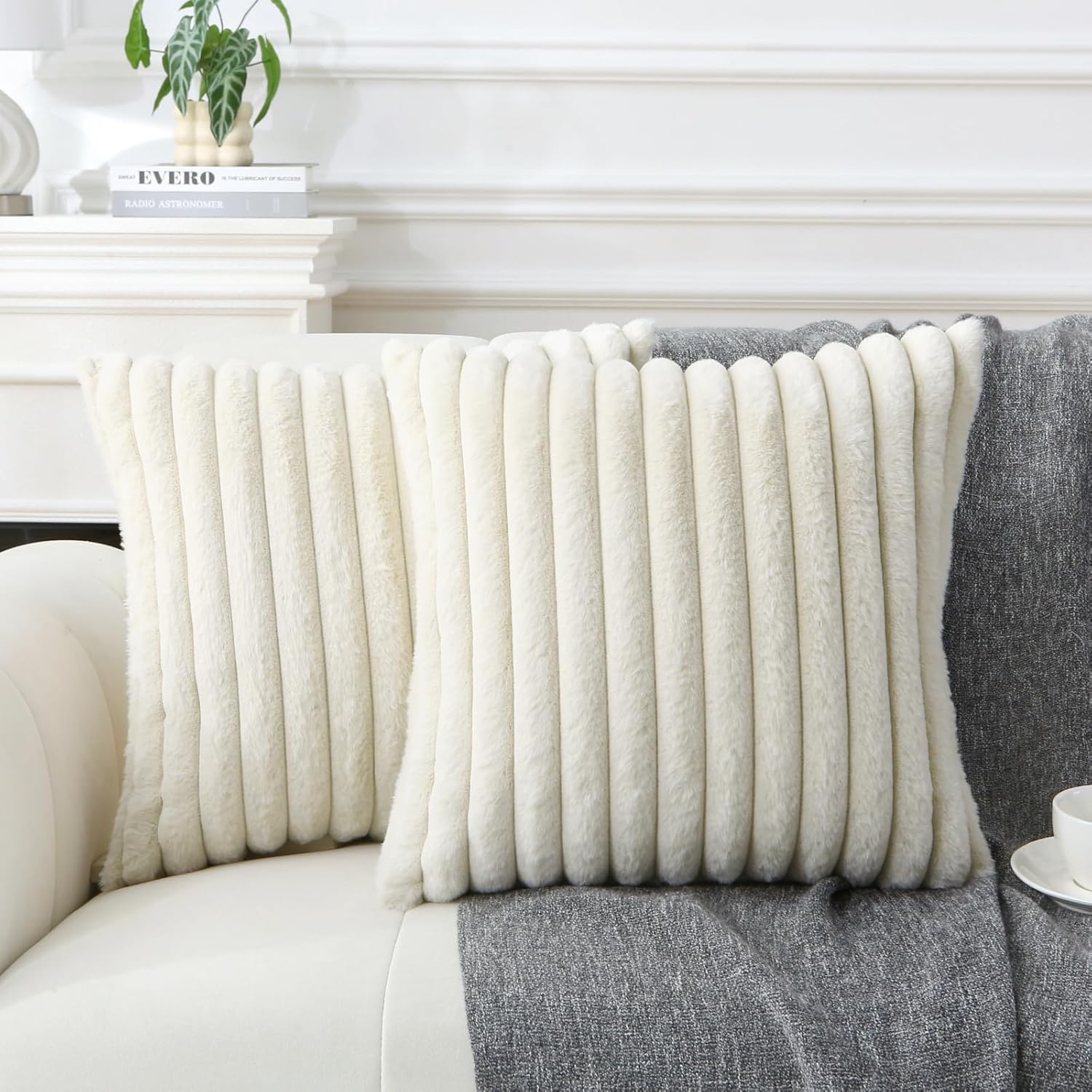 Decorative Throw Pillow with Inserts, Set of 2 Soft Faux Fur Throw Pillows, Square Boho Striped Pillow for Couch, Bed, Sofa Decor Beige, 18" x 18"