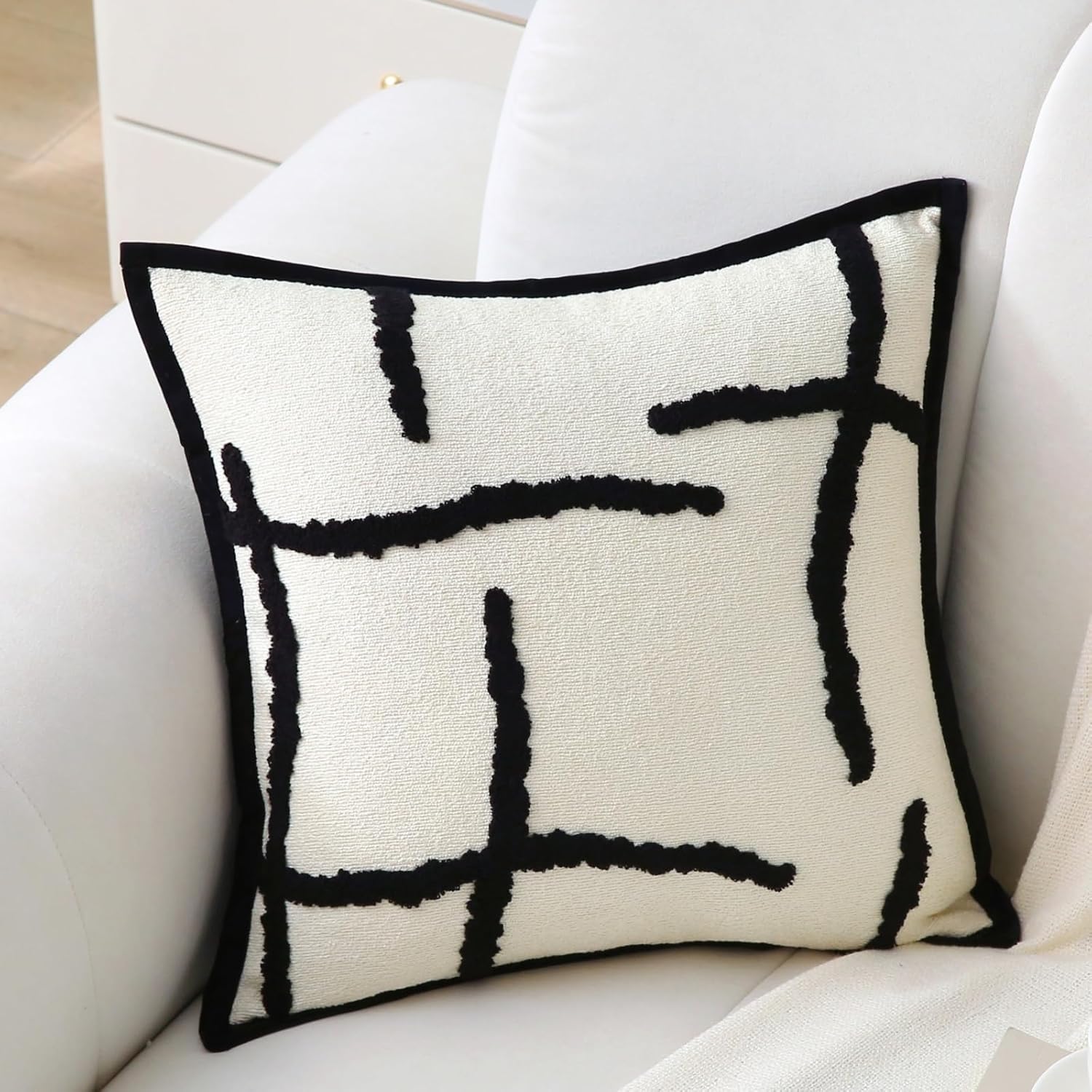 Boho Decorative Throw Pillows with Inserts, 18" x 18" Soft Tufted Modern Chenille Pillow, Pillows for Home, Patio, Couch, Bedroom, Living Room Black Lines - Cream White Background
