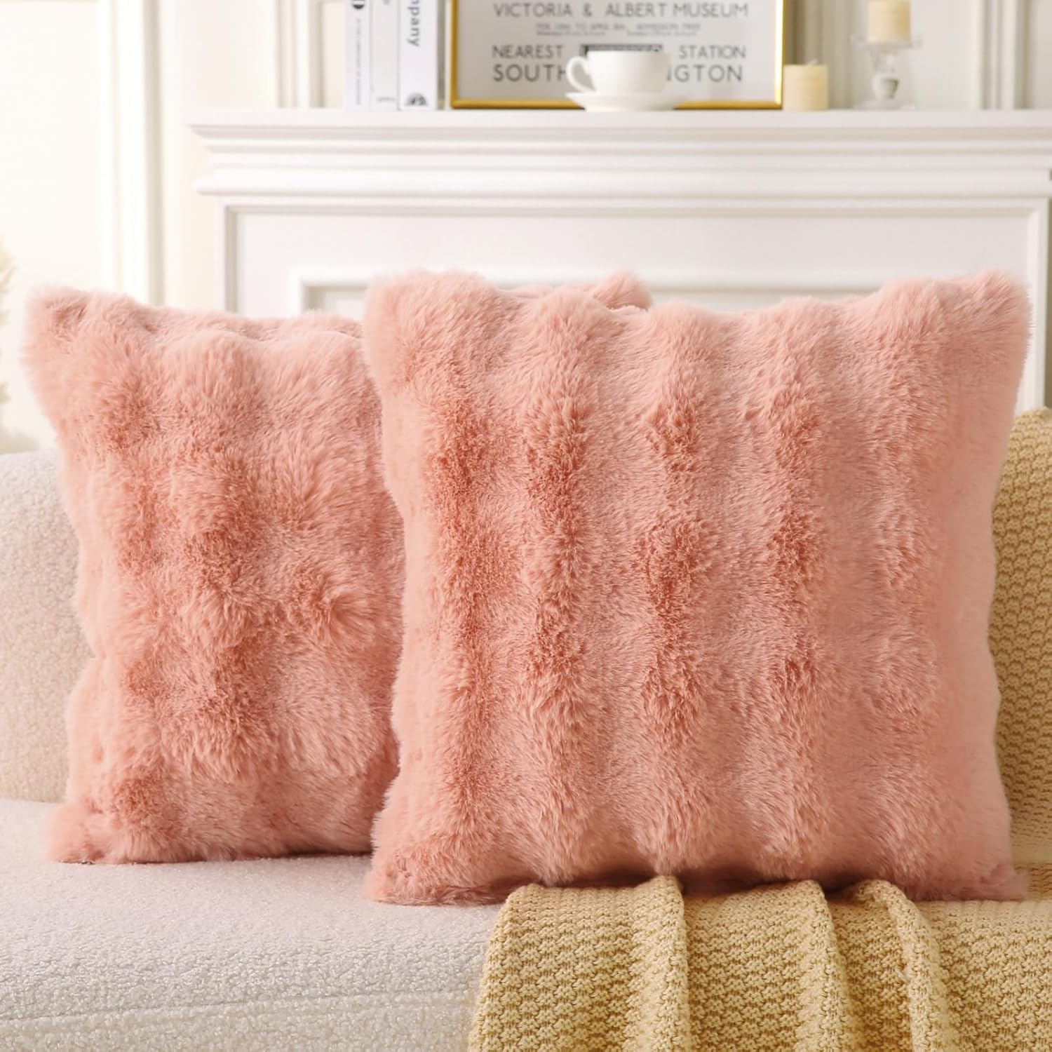 Faux Fur Plush Pillow with Inserts Set of 2, Soft 18" x 18" Decorative Throw Pillows, Square Boho Medium Plaid Pillow for Couch, Bed, Sofa Bedroom Decor Pink