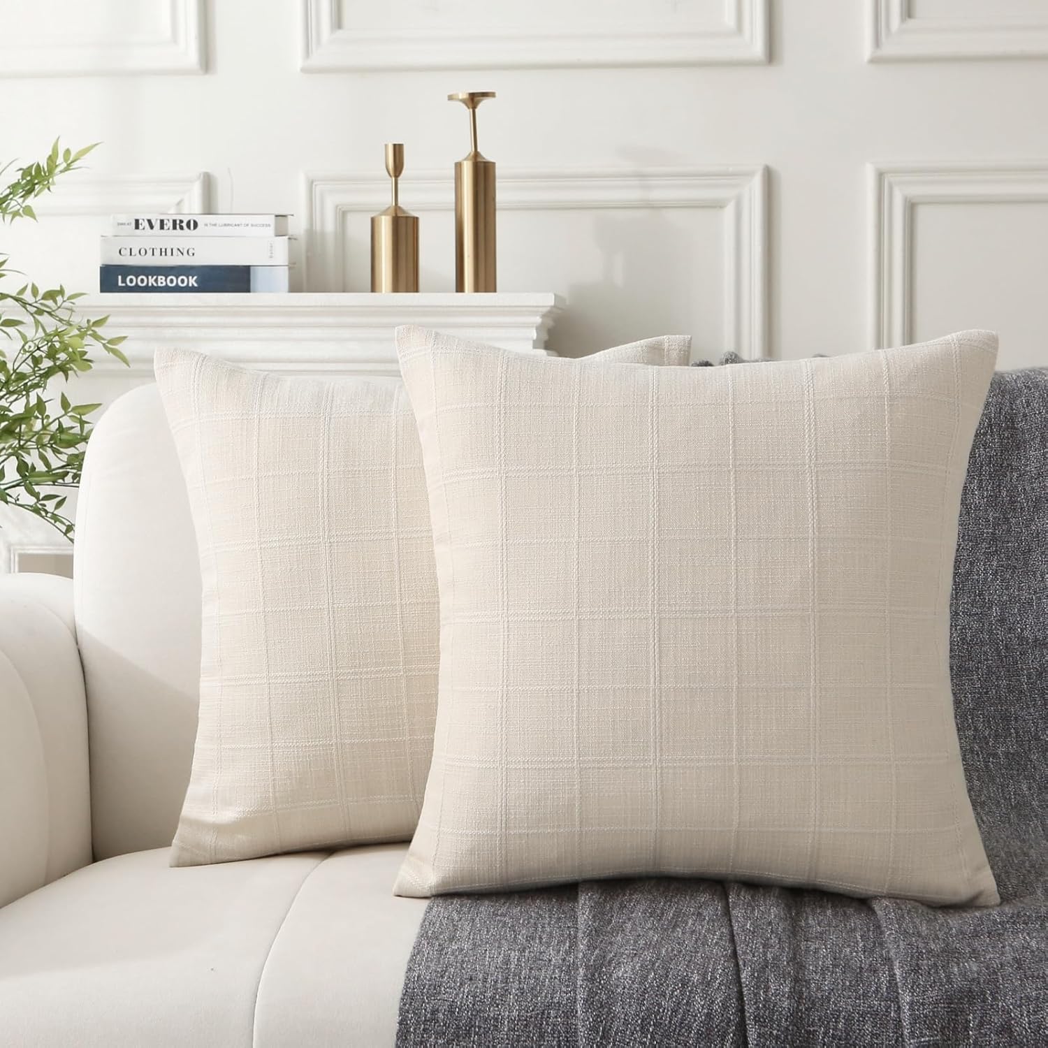 18" x 18" Decorative Throw Pillow with Inserts, Set of 2 Modern Neutral Farmhouse Vintage Throw Pillows, Square Boho Pillow for Couch, Bed, Sofa Decor Beige, 18" x 18" Pack of 2