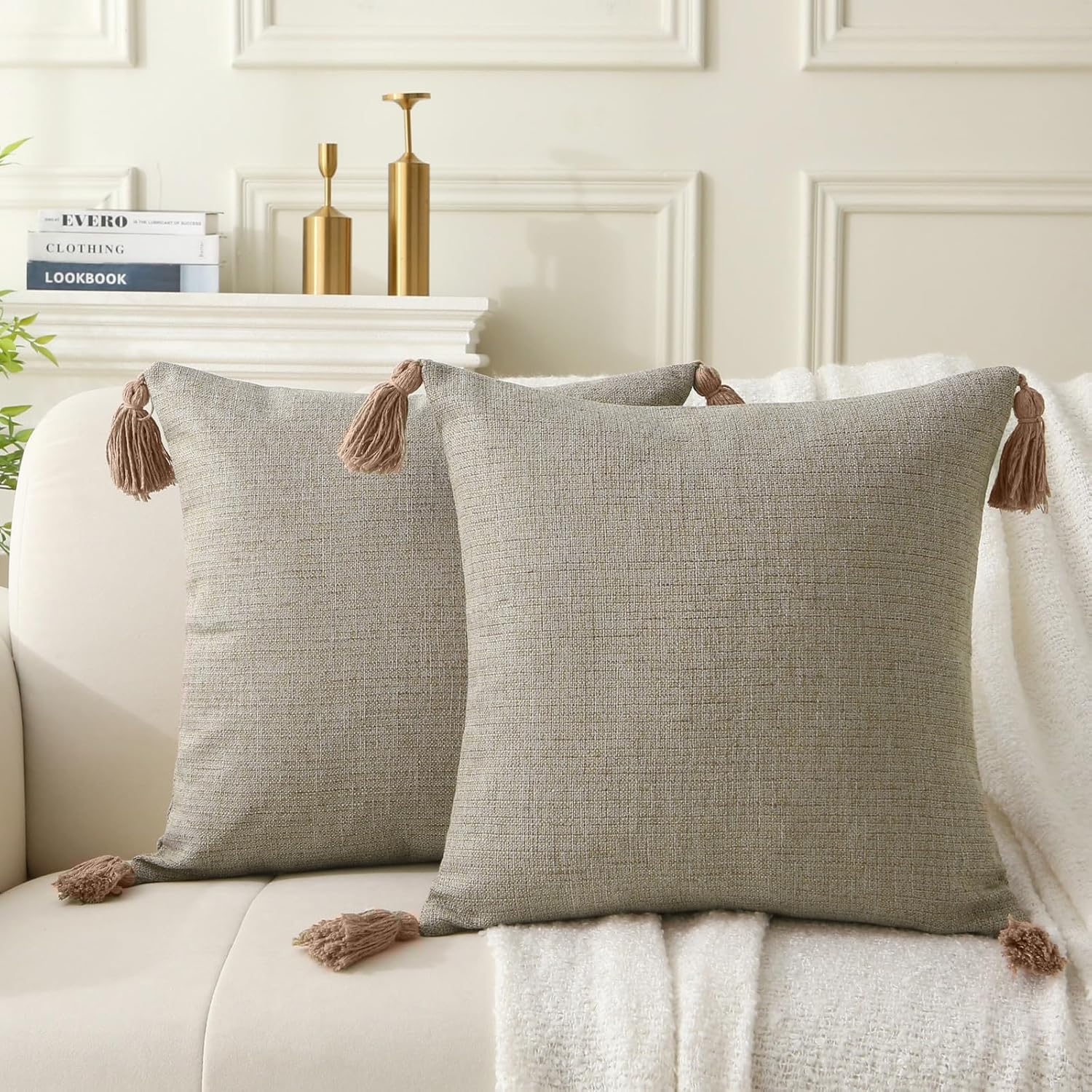 18" x 18" Decorative Throw Pillow with Inserts, Set of 2 Farmhouse Neutral Couch Throw Pillows with Tassels, Square Boho Pillow for Couch, Bed, Sofa Decor Khaki, 18" x 18" Pack of 2