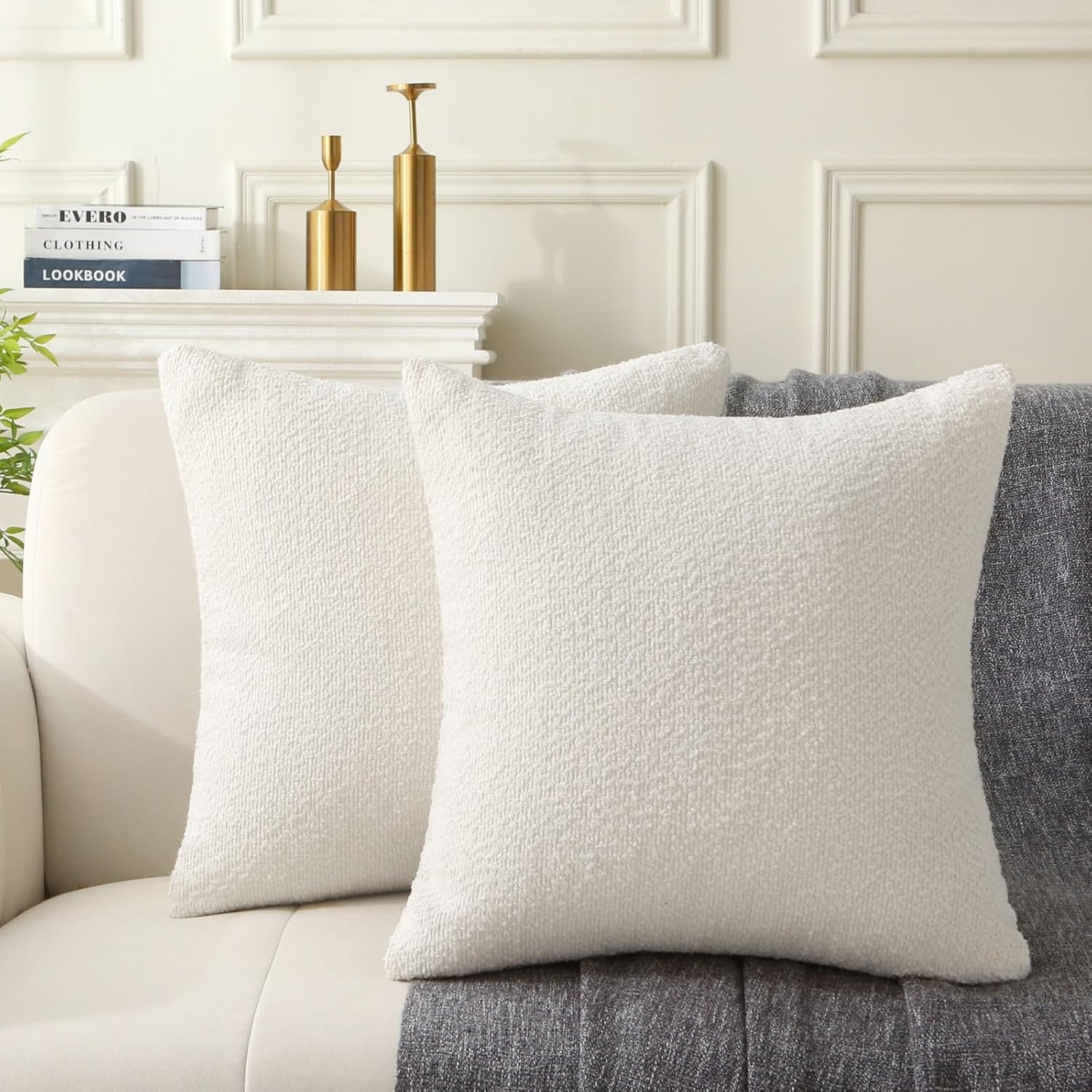 18" x 18" Decorative Throw Pillow with Inserts, Set of 2 Soft Textured Boucle Throw Pillows, Square Boho Pillow for Couch, Bed, Sofa Decor White, 18" x 18" Pack of 2