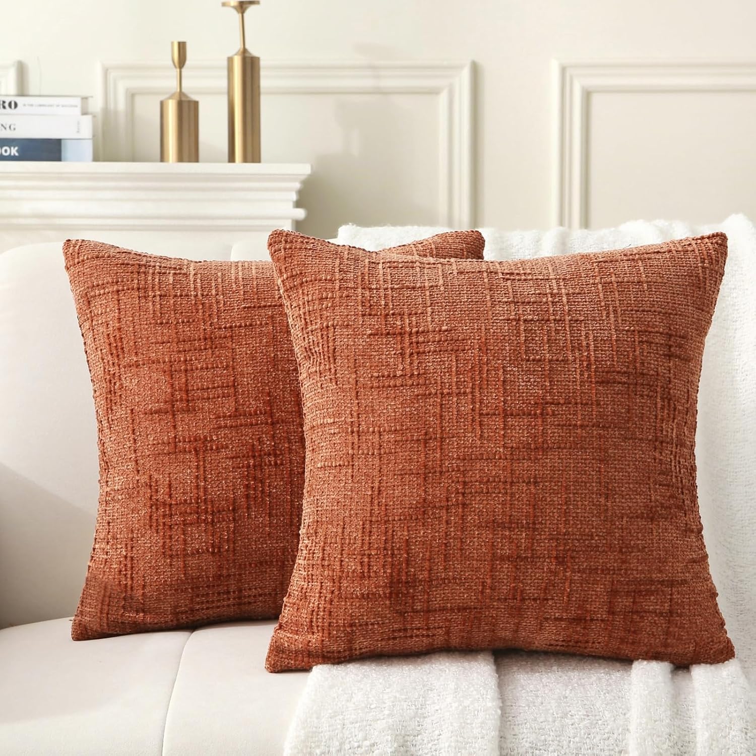 18" x 18" Decorative Throw Pillow with Inserts, Set of 2 Soft Modern Farmhouse Throw Pillows, Square Boho Pillow for Couch, Bed, Sofa Decor Brick-red, 18" x 18" Pack of 2