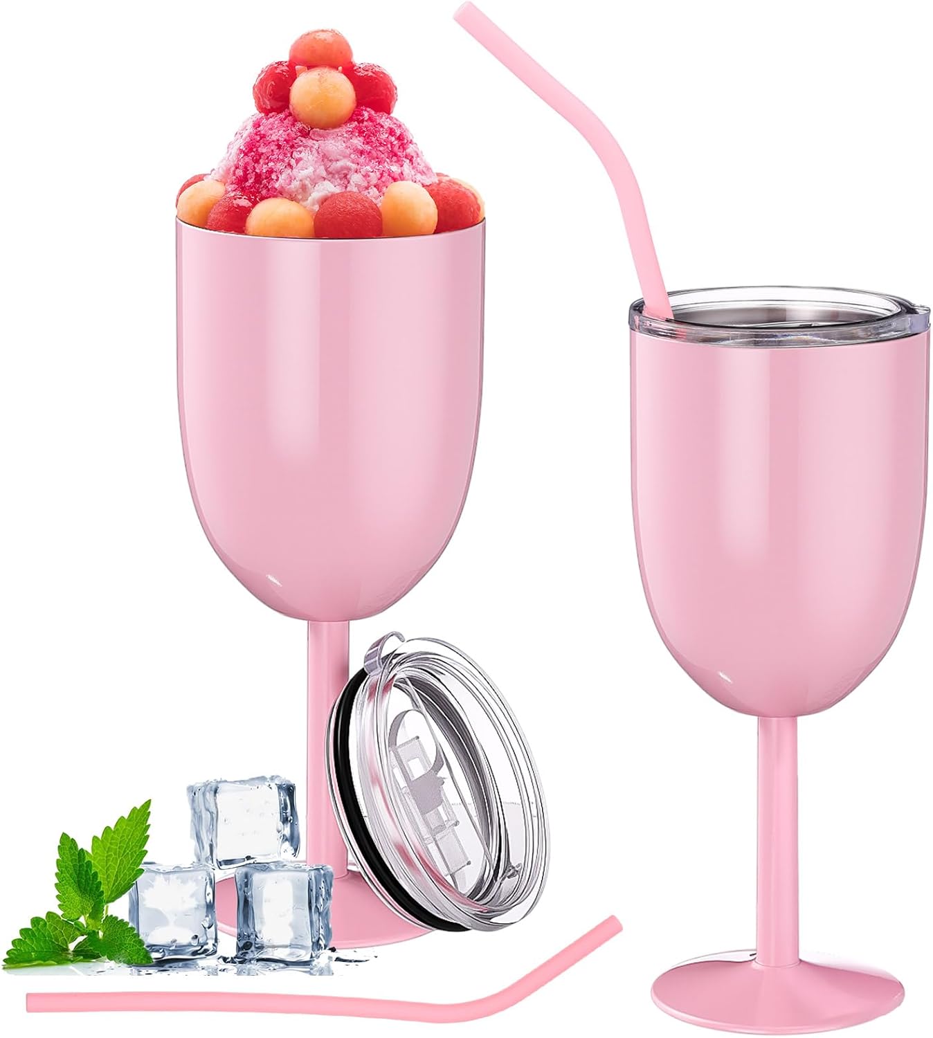 2 Pack Insulated Wine Glass 10 oz Stainless Steel Margarita Tumbler with Lid and Straw Vacuum Sealed Mug Wine Cup Gift for Women Men Christmas Birthday Pink,Typical