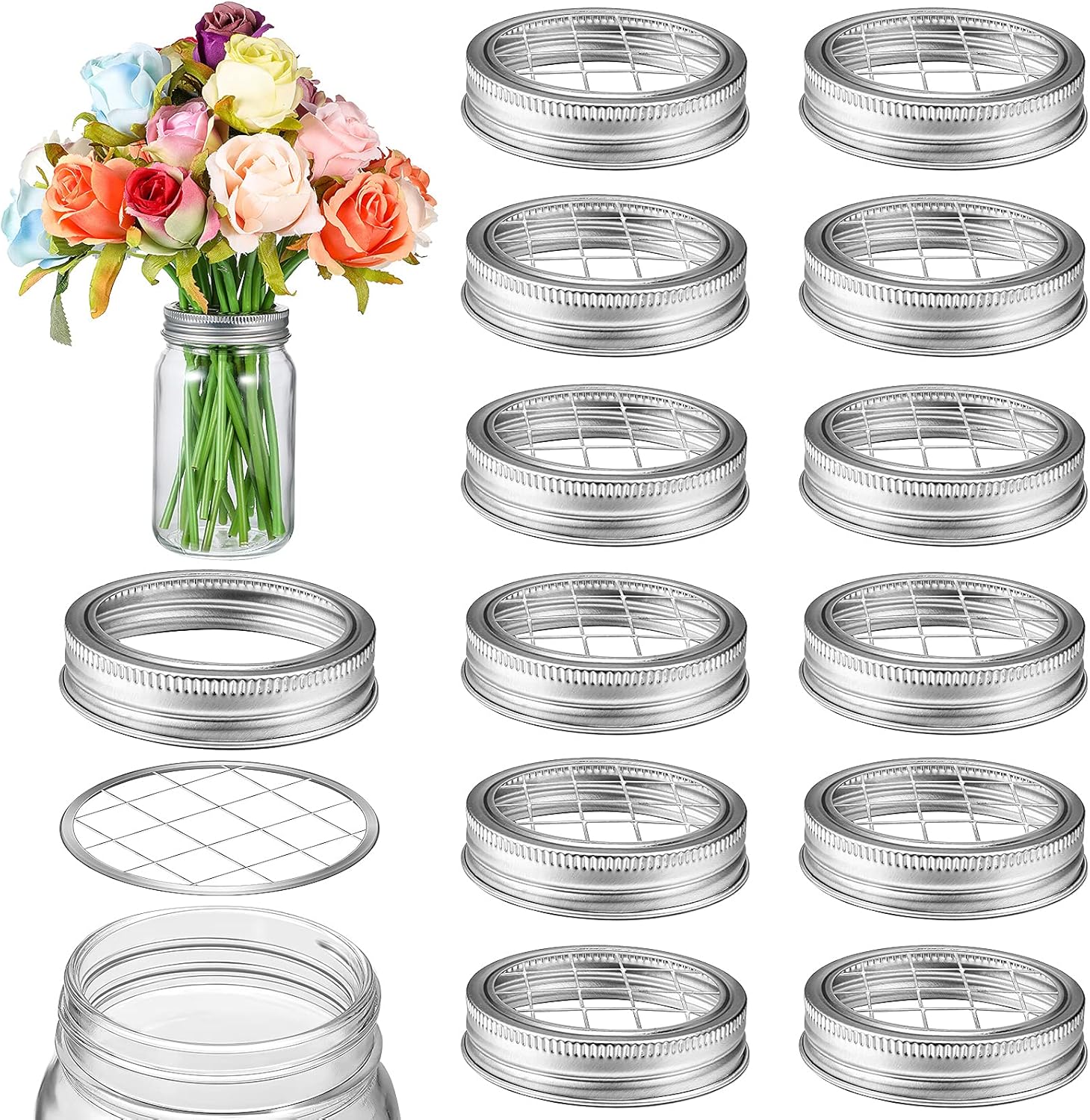 Mason Flower Jar Frog Lid Metal Insert Mason Grid Flower Organizer Frog Lid Insert for Regular Mouth Canning Jars 12 Sets