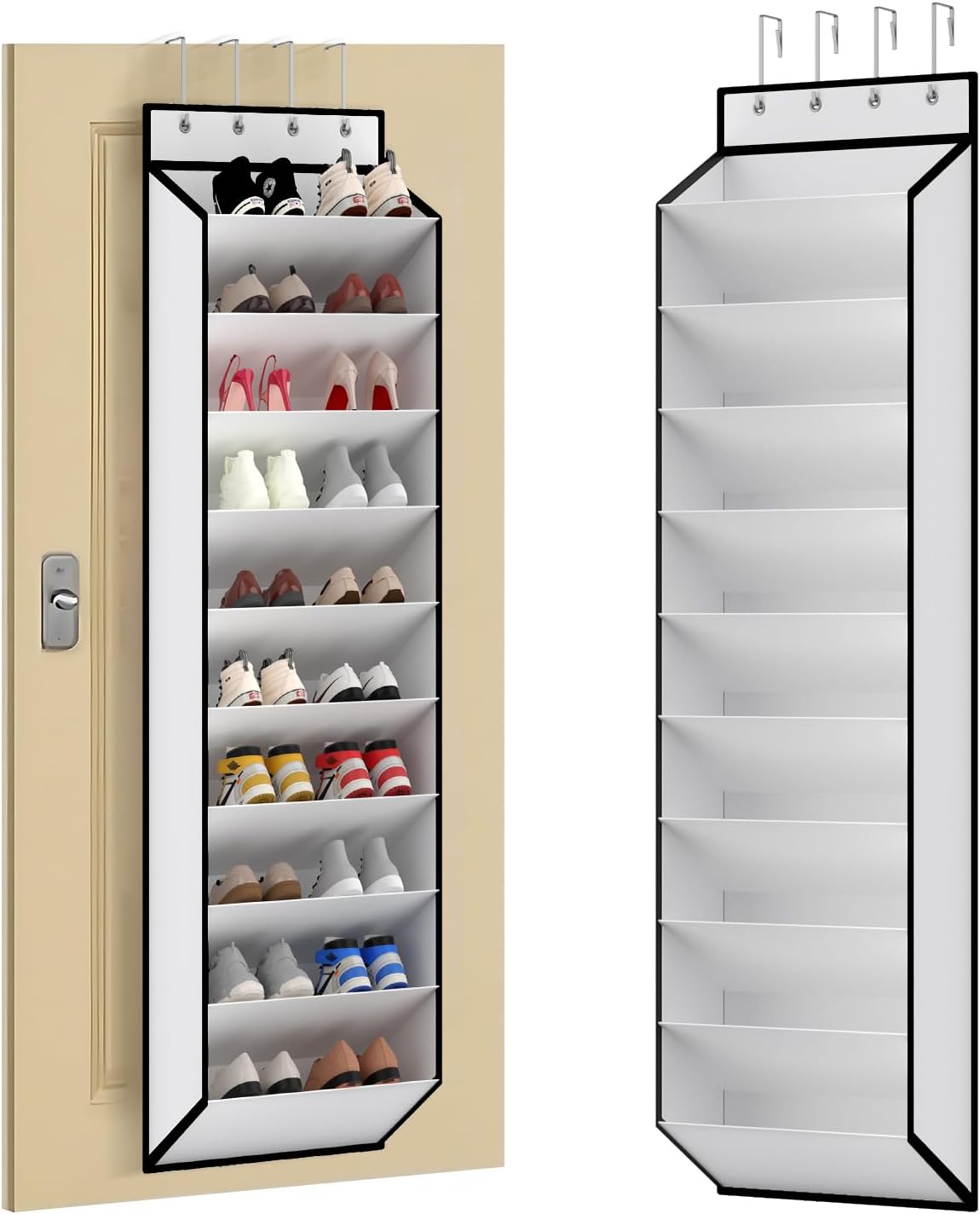 10 Tiers White Over Door Shoe Organizer Storage, Hanging Shoe Holder for Door with Large Deep Pockets, Fit 20-30 Pairs Shoe Rack for Sneakers, Boots. White
