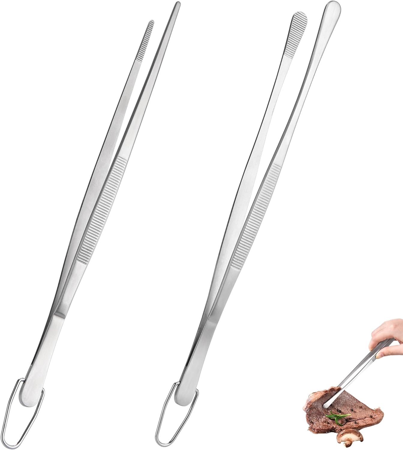 12" Kitchen Cooking Tweezer Set: 18/8 Stainless Steel Food-Grade Metal Food Tong, Flexible Pinching, Seamless-Welding, Sturdy and Non-Slip for Serving, Grilling, Frying Round & Pointed Tip