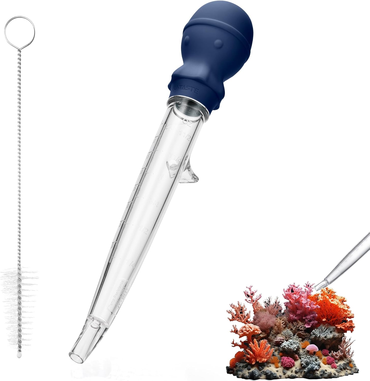 Aquarium Pipette Cleaner: 1.5oz Coral Feeder for Fish Tank Cleaning, Manual Feeding Tube, Food Grade Siphon Dropper, Waste Remover with Strong Suction & Stand & Brush 11.98in, Midnight Blue