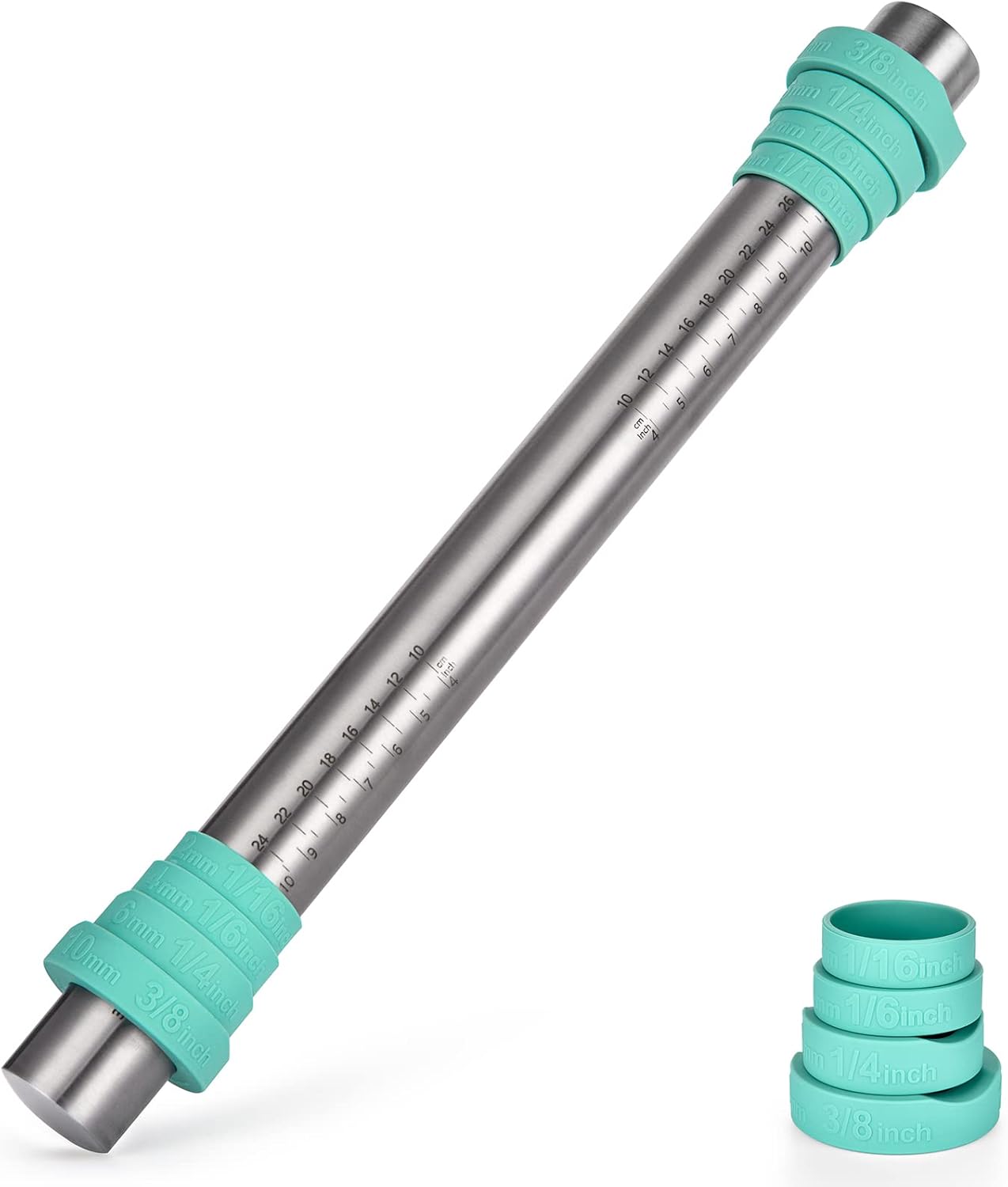 18/8 Stainless Steel 16 inch Adjustable Rolling Pin with Silicone Removable Thickness Rings, Nonstick Kitchen Roller Pin for Baking Cookies Pastry Pizza Pasta Dough Fondant Teal/Aqua Sky