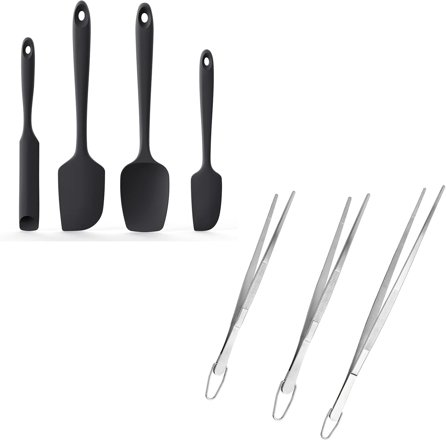600ºF Heat Resistant Silicone Spatulas: Kitchen Cooking Mixing Utensils 4PCS, Black and 8"+10"+12" Kitchen Cooking Tweezer: 18/8 Stainless Steel Food-Grade Metal Food Tong Pointed Tip